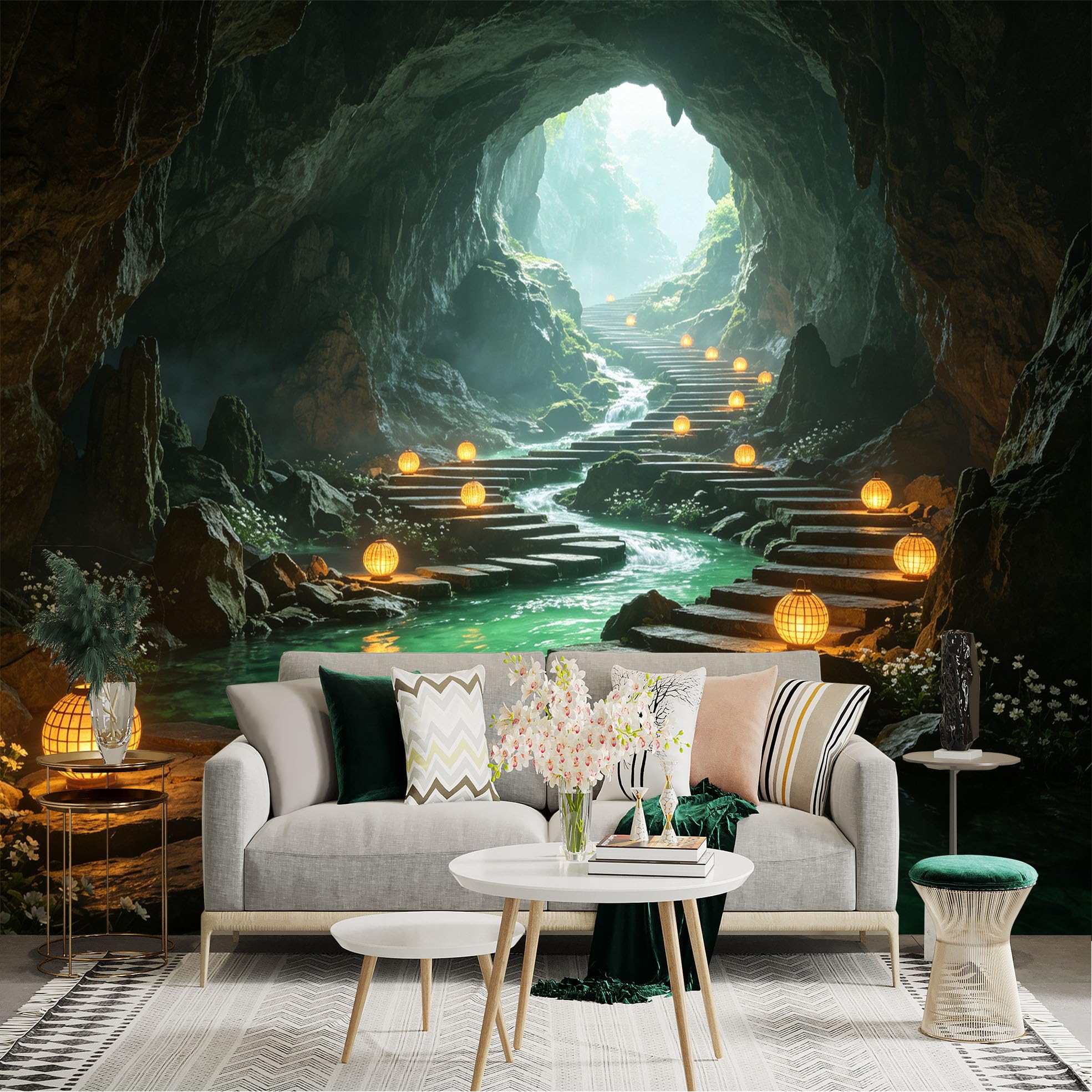 Custom Size Wall Sticker Mural， Mysterious Cave with Glowing Lanterns， Stone Stairs and Serene Underground River， for wall Decoration， peelandstick wall Decals.