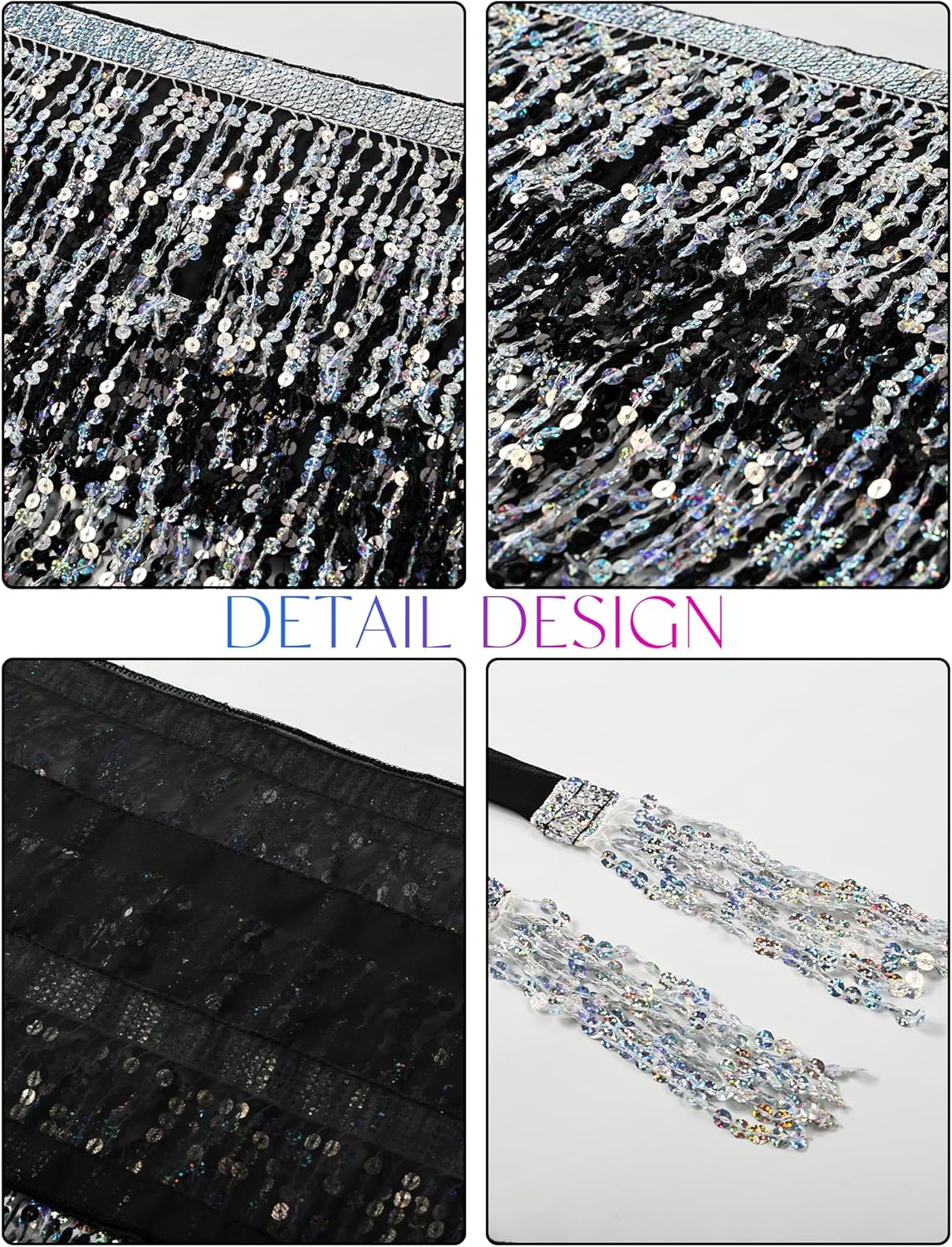 BFONS Sequin Tassel Skirt Belly Dance Hip Scarf Wrap Sparkly Tinsel Fringe Skirt Rave Festival Halloween for Women - Image 3