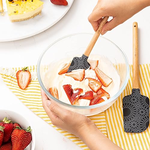 Miniatura 5 de Juego de 2 espátulas de silicona con mango de madera y patrón impresionante (negro)