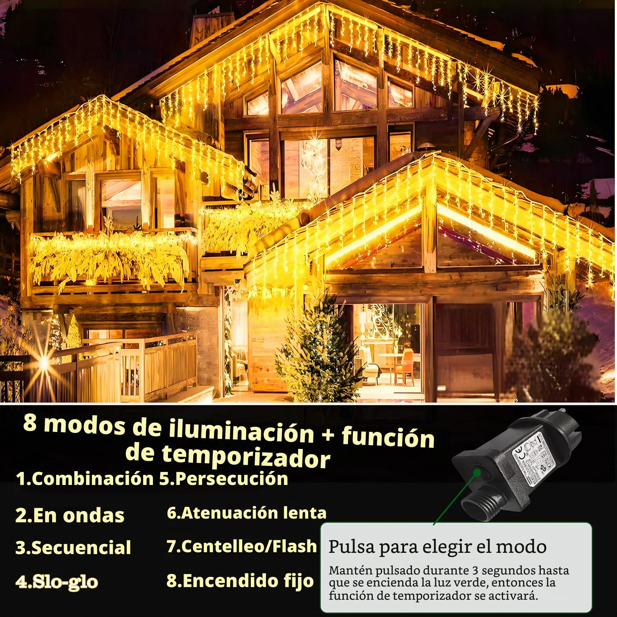 Cortina Luces Navidad Exterior, 10M 400LED, Guirnalda Cascada Prolongable Con Temporizador, Función de Memoria, 8 Modos, Decoración para Jardín Ventana Bar Boda - Blanco Cálido