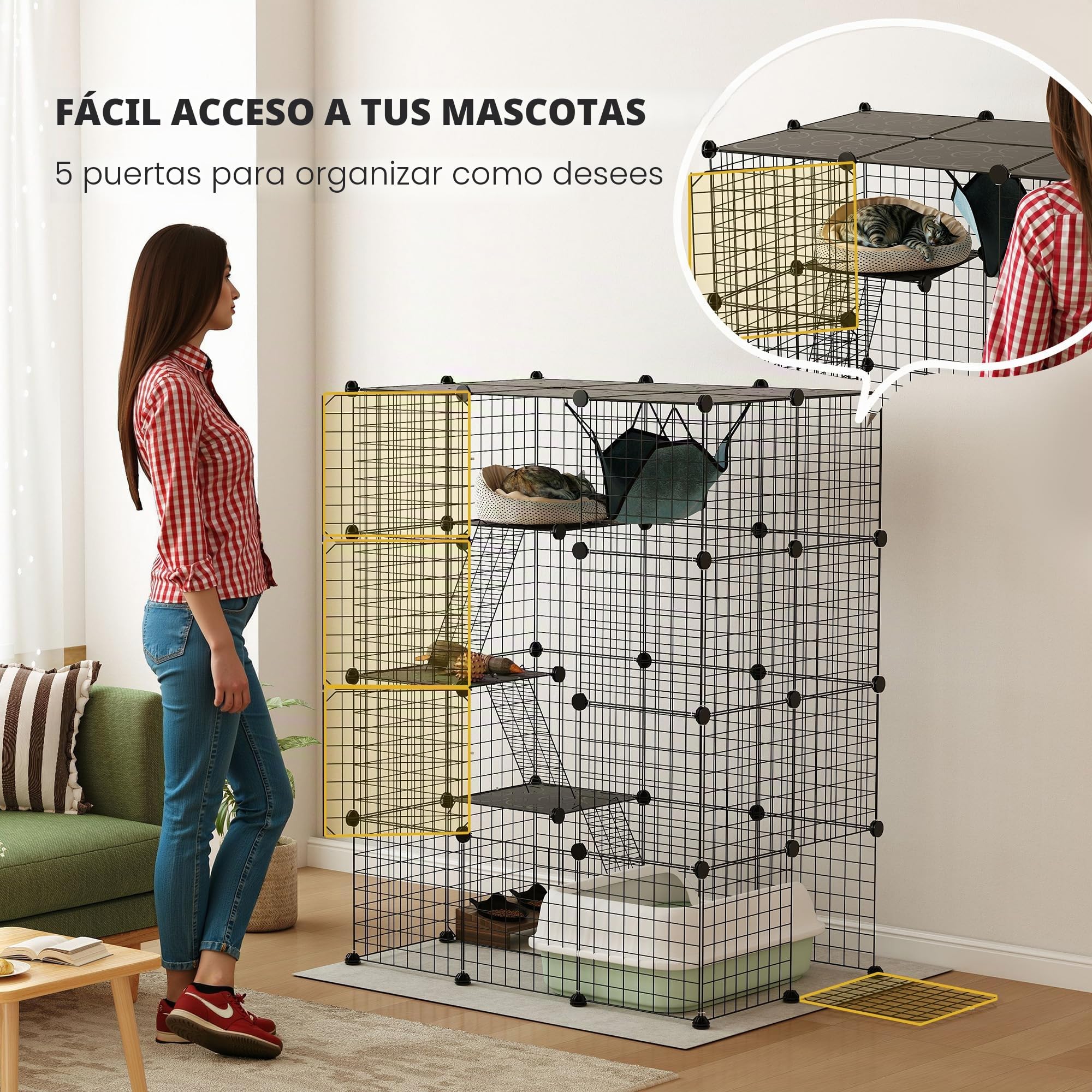 PawHut Jaula para Gatos de Interior, 4 Niveles de Alambre, con Hamaca, rampas, Puertas, Plataformas de Salto, catio Desmontable Interior para 1-3 Gatos, 105 x 70 x 140 cm, Color Negro