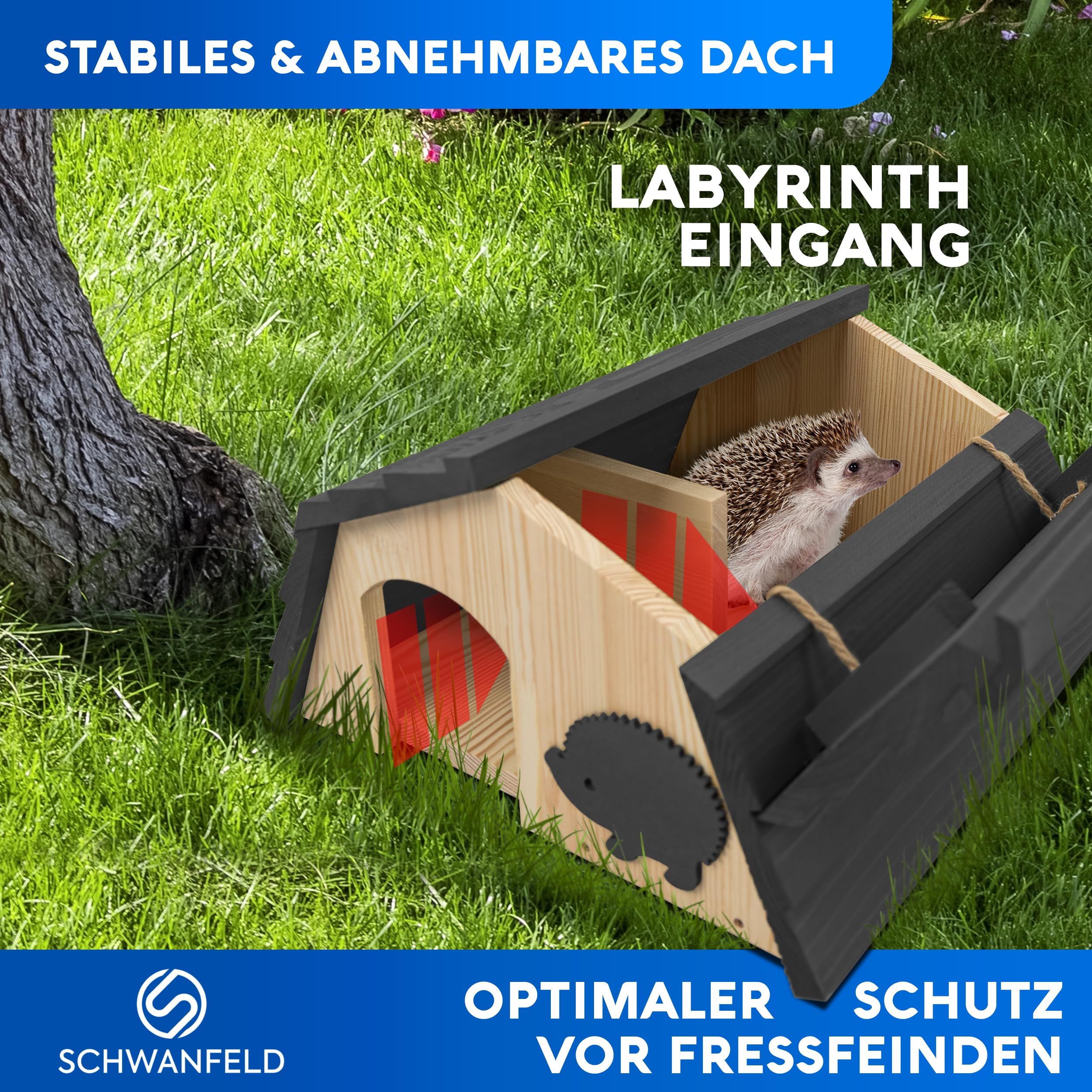 SCHWANFELD Igelhaus Winterfest mit Boden Labyrintheingang Premium Igelfutterhaus Igel Haus
