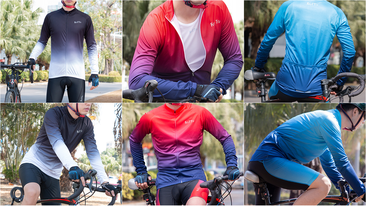 ROTTO Cycling Jersey Mens Bike Shirt Long Sleeve Cycle Top with Pockets