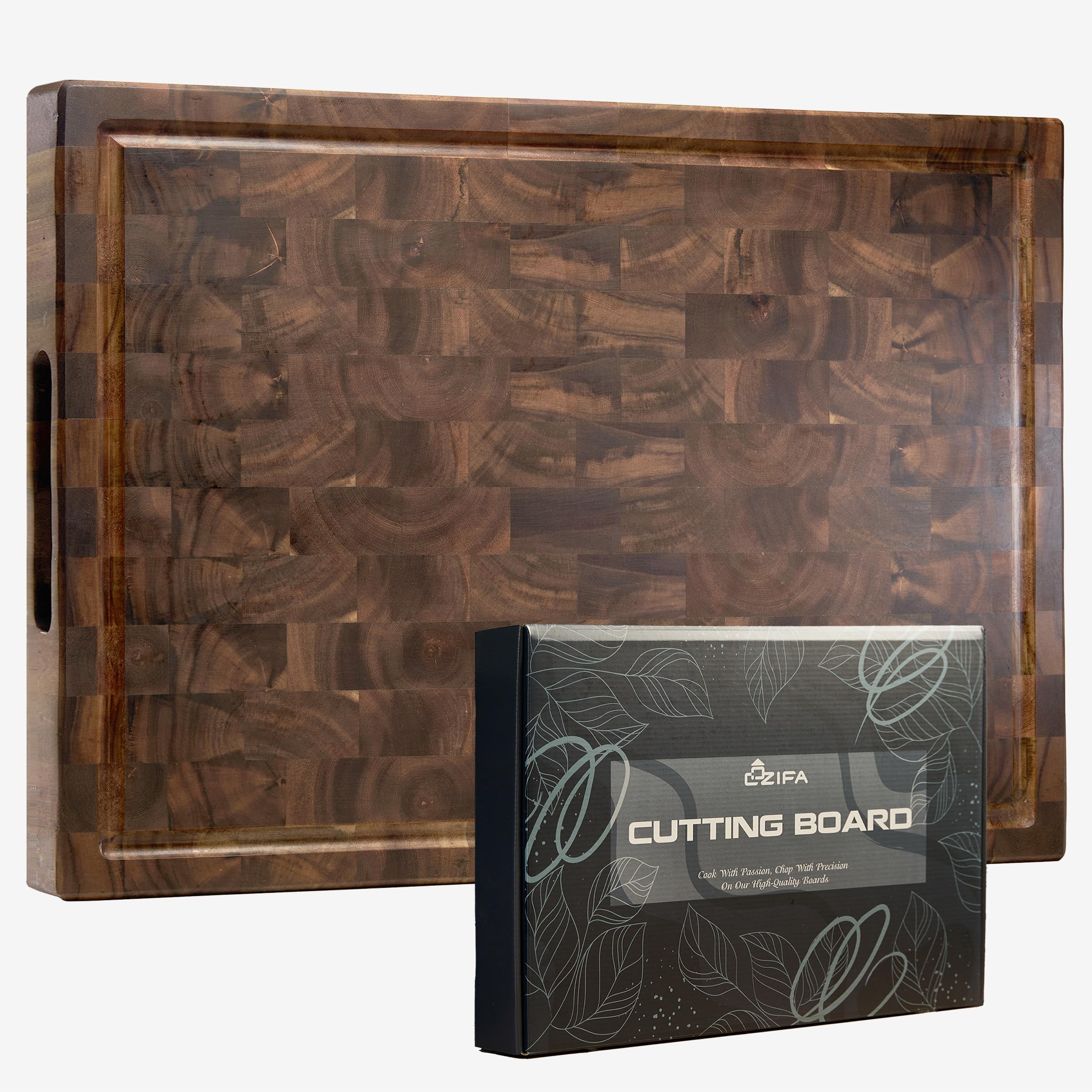 Acacia Wood Cutting Board 20x15 x1.6 for Kitchen with Juice Groove, Handles, Gift Box Packaging. Large Thick End Grain Butcher Block Finished with Linseed Oil, Beeswax, Carnauba Wax & Lemon Oil