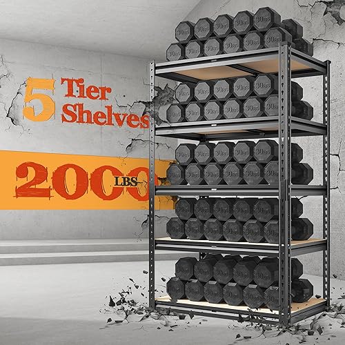 Miniatura 2 de REIBII Estantería de garaje de 2000 libras, estantes de almacenamiento resistentes, estantes de metal ajustables de 5 niveles, estante de