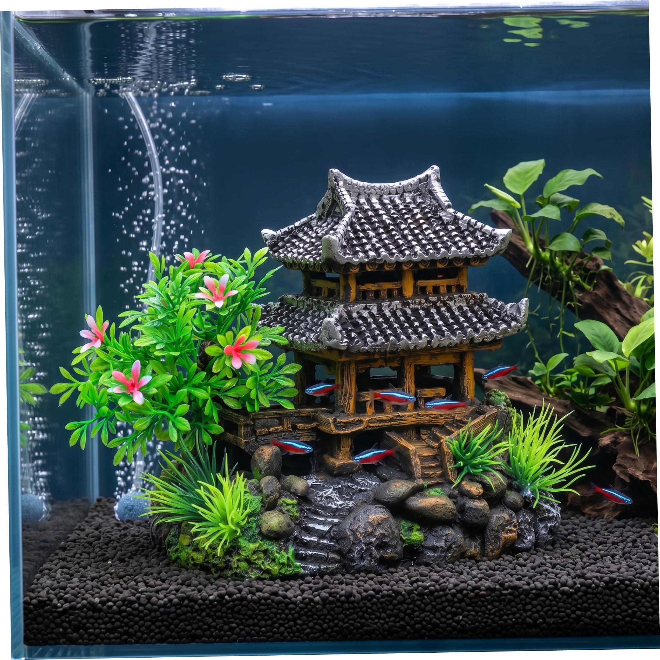 Latemeia Aquarium Castle, Chinese Pavilion Fish Tank Decor Resin Rockeries and Green Plants Aquarium Thematic Ornament, (7x4x6 Inch), Décoration de jardin