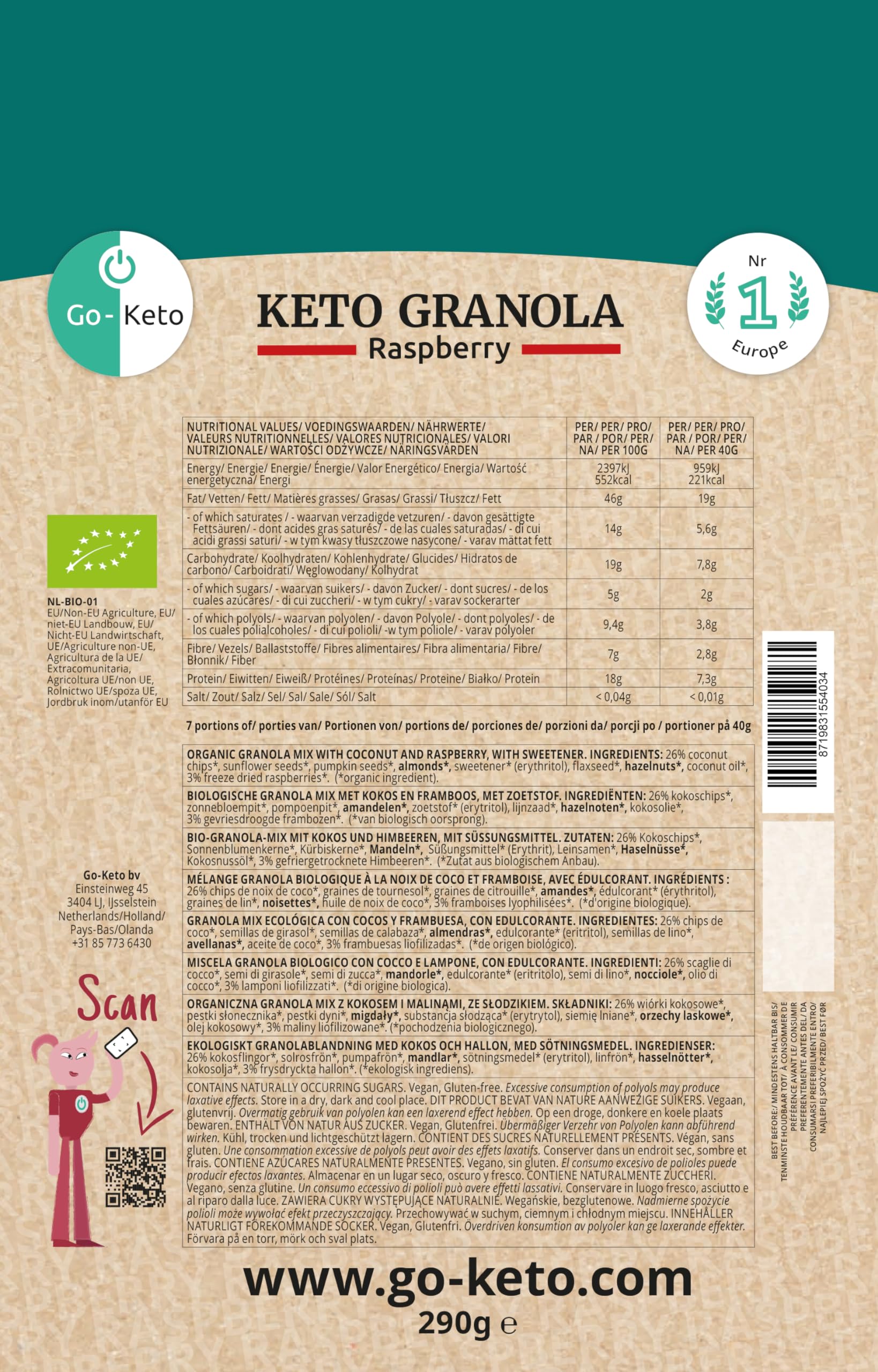 Go-Keto BIO Keto Granola Raspberry 6x 290g - Low Carb Keto Muesli para un delicioso desayuno keto, con chips de coco, nueces, frutas, semillas de girasol y de calabaza, vegan, sin gluten, sin lactosa
