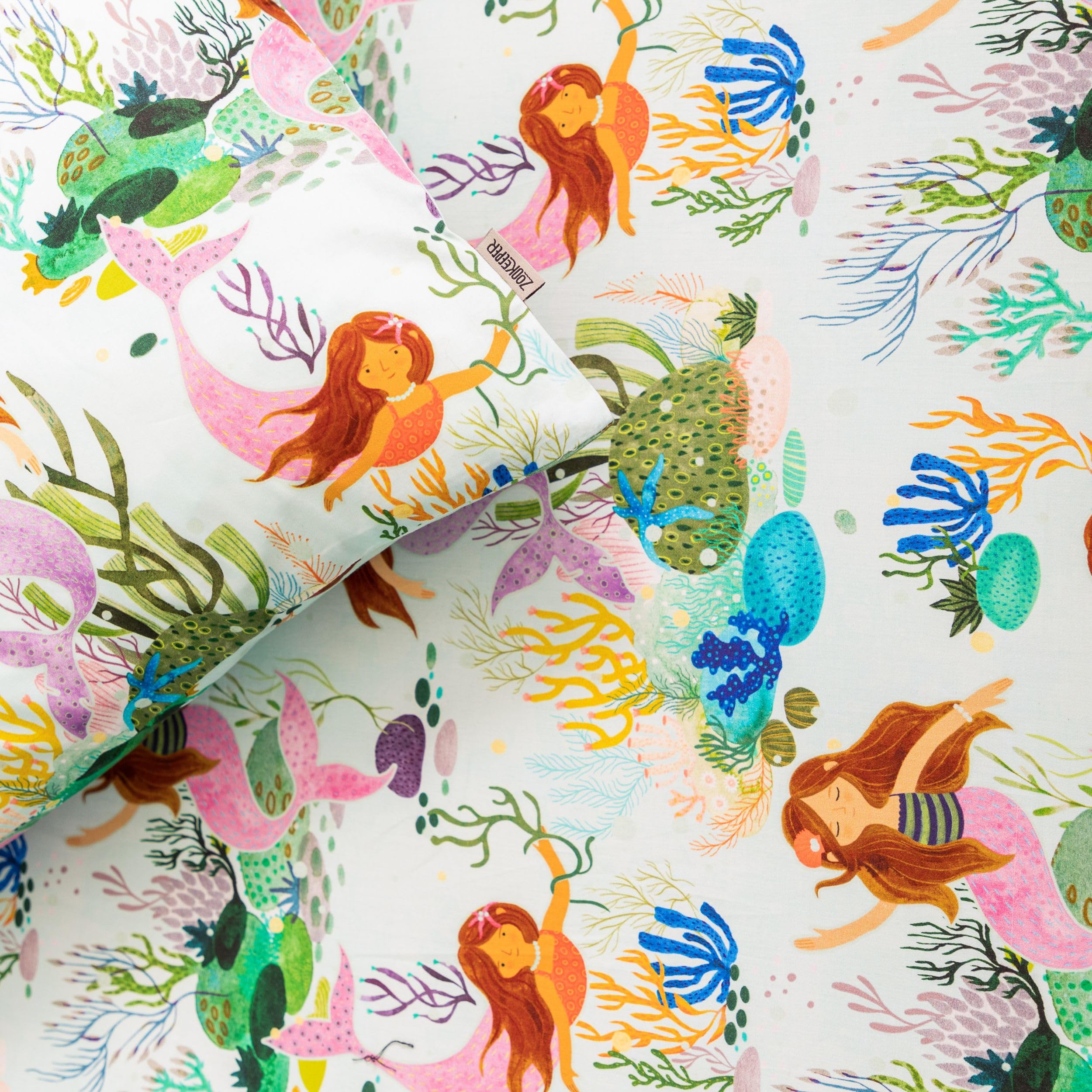 ZOOKEEPER 300 TC 100% Pure Cotton Bed Sheet and Shams Set | Kids Fitted Bedsheet for Single Bed | Mermaid's Birthday Party-image-24