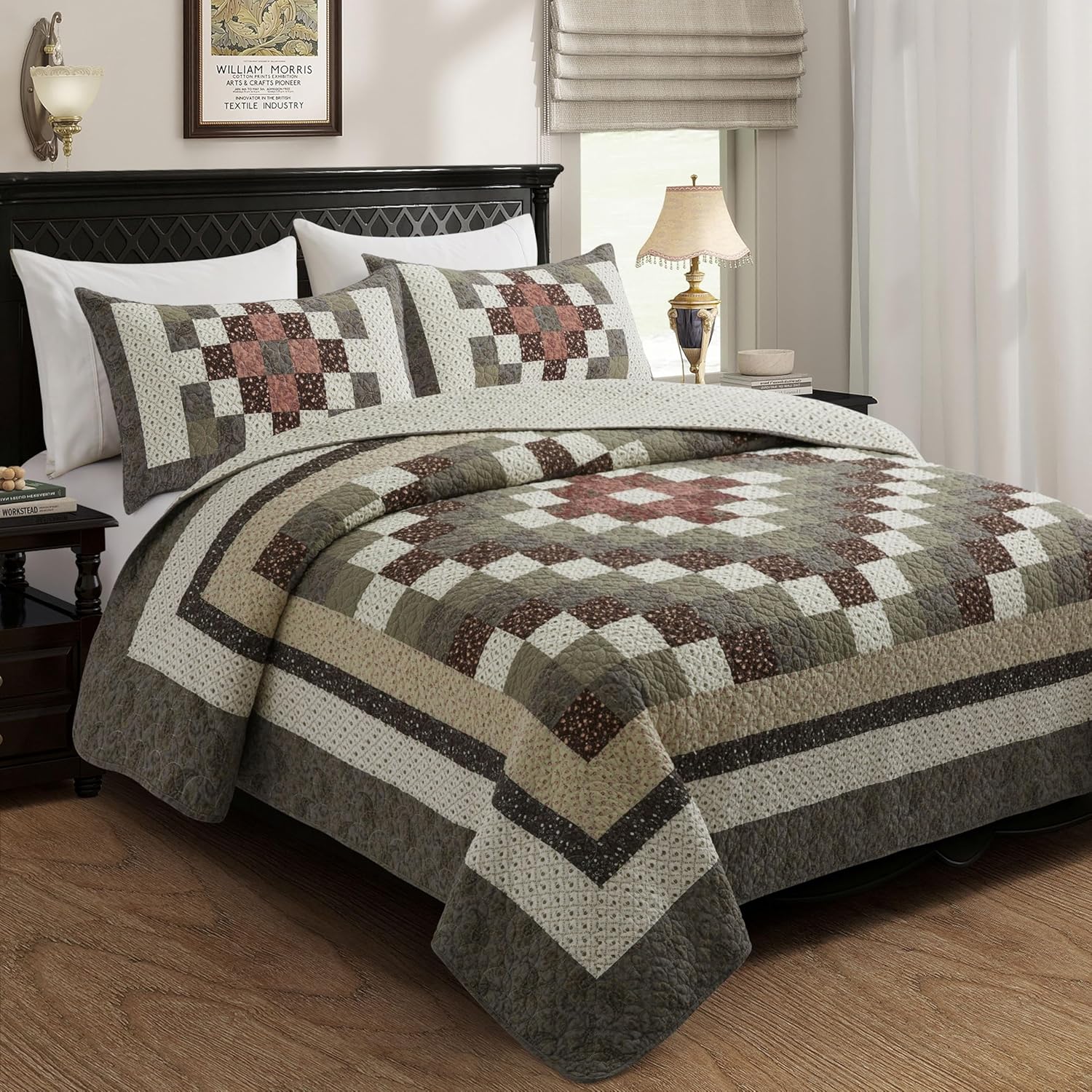 California King Quilt Set 100% Cotton Quilted bedspreads and Pillow Shams - Reversible Green/red Irish Chain Farmhouse Quilt for King Size Bed - Image 3