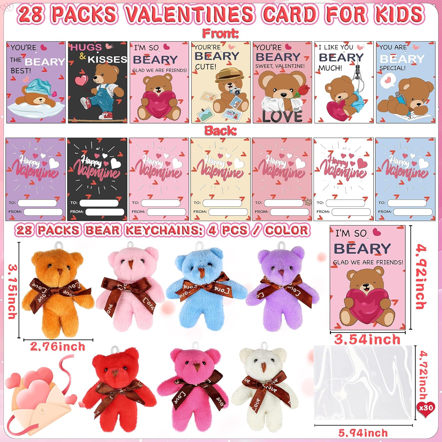 28 Pack Valentines Day Gifts for Kids Classroom Valentines Cards for Kids School Mini Bear Plush Toys Keychains Valentines for Class Valentines Exchange Cards Valentine Party Favors Prizes Girls Boys
