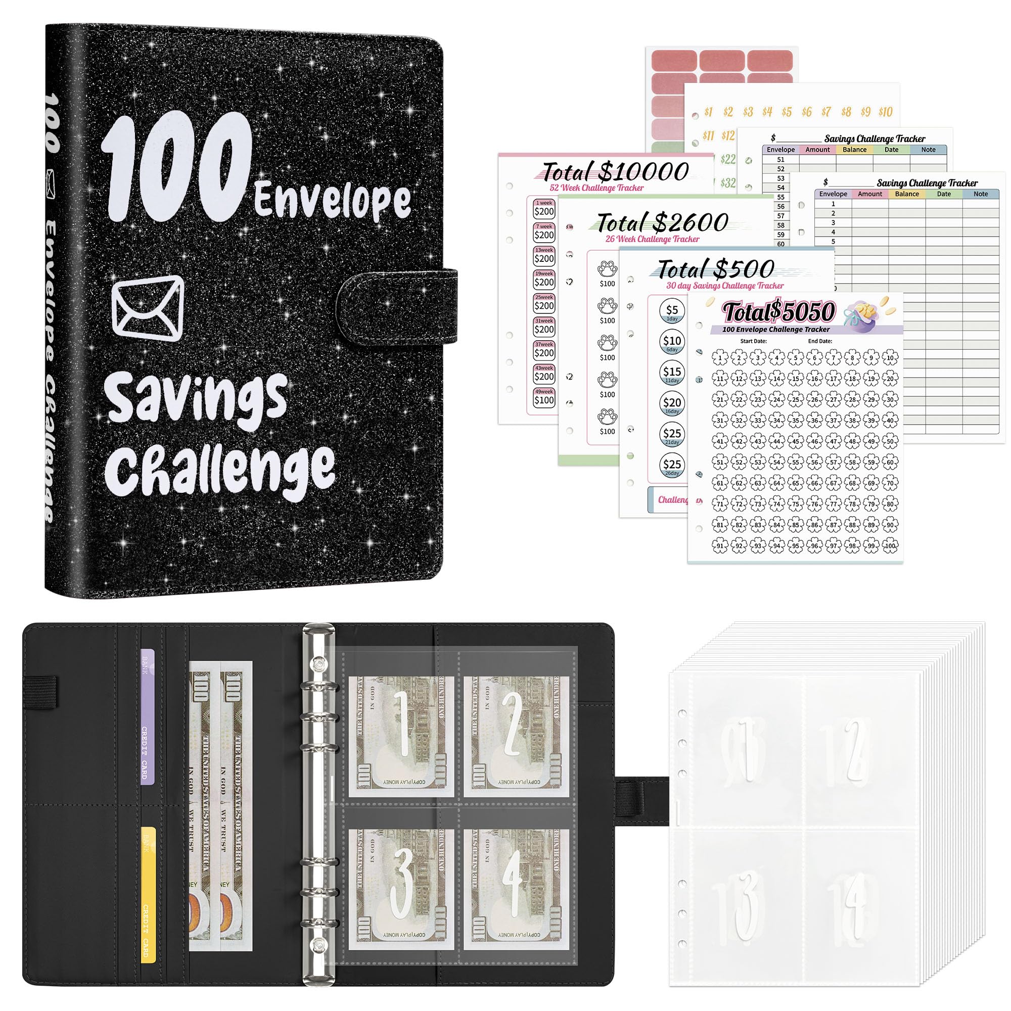 Ospelelf 100 Envelopes Money Saving Challenge Budget Binder, 52 Week Budget Book with Cash Envelopes to Save $10,000, Glitter Black