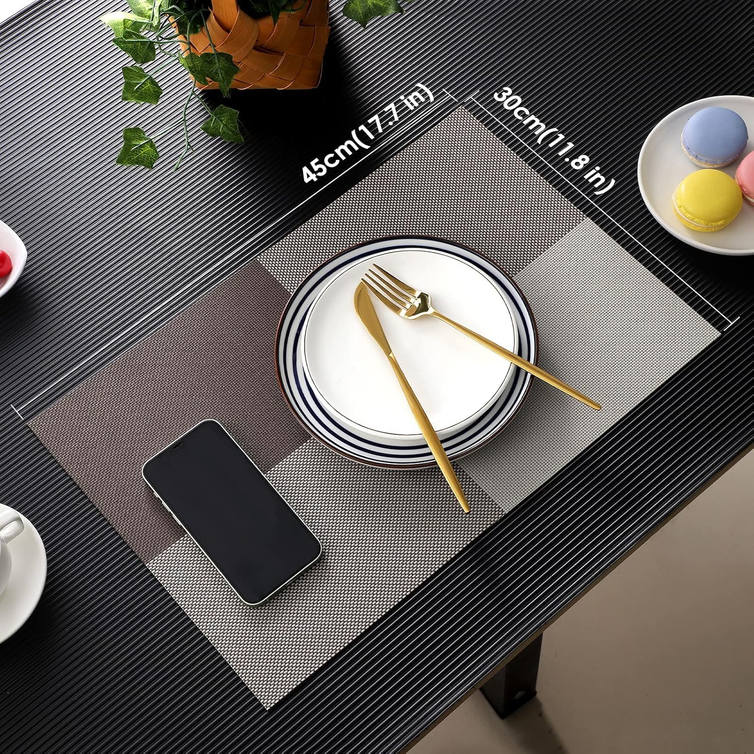 Feinerman 6 Pcs Durable Heat-Resistant Washable PVC Placemats for Dining Table, Non-Slip Anti-Stain Table Mats, Woven Vinyl Dinner Mats, Kitchen Table Mats for Indoor and Outdoor Use (Brown) 2