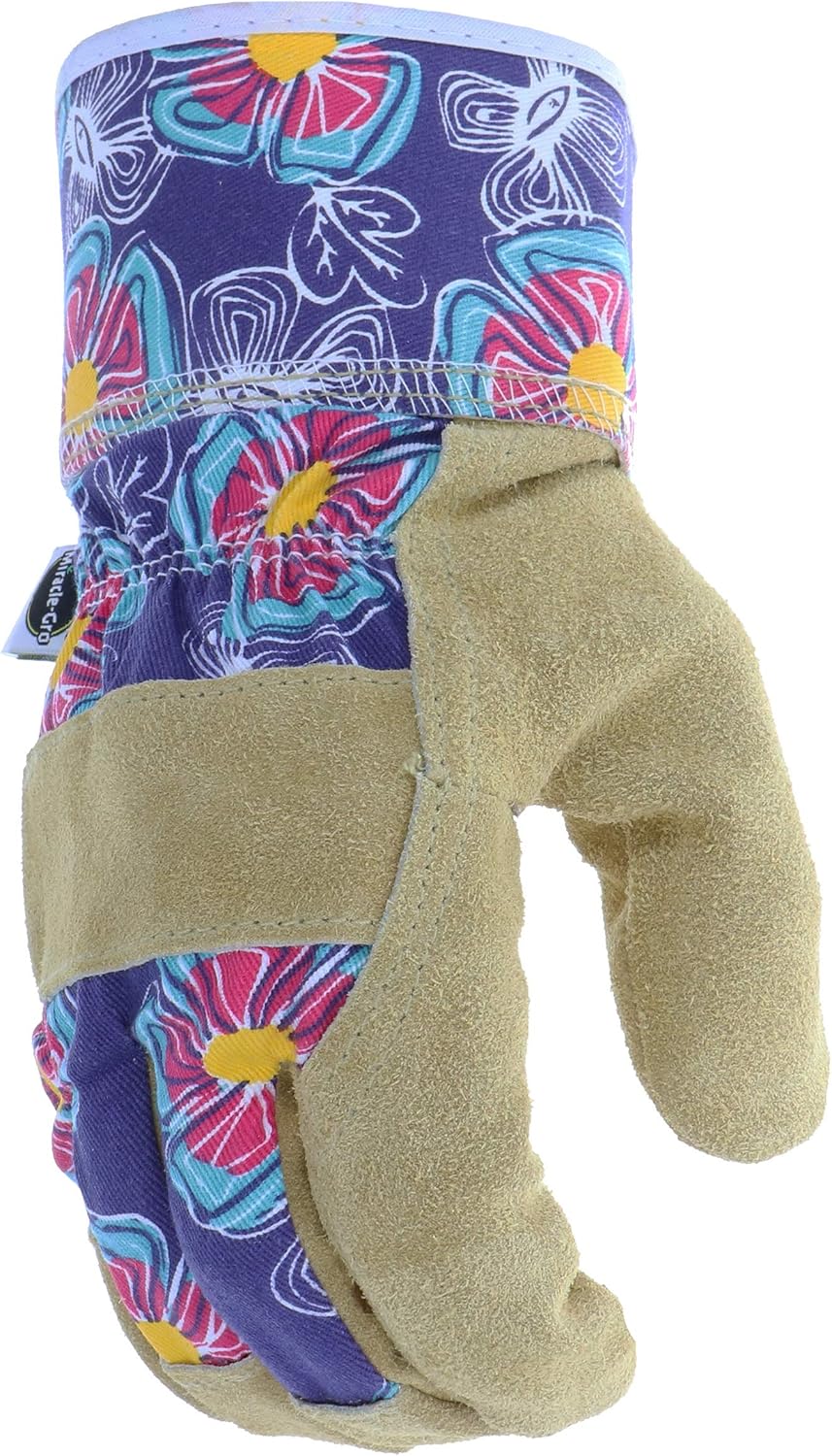 Miracle-Gro MG23011 Landscaping Work Gloves - [1 Pair, Small/Medium] Purple/Floral Print, Split Cowhide Leather Gloves