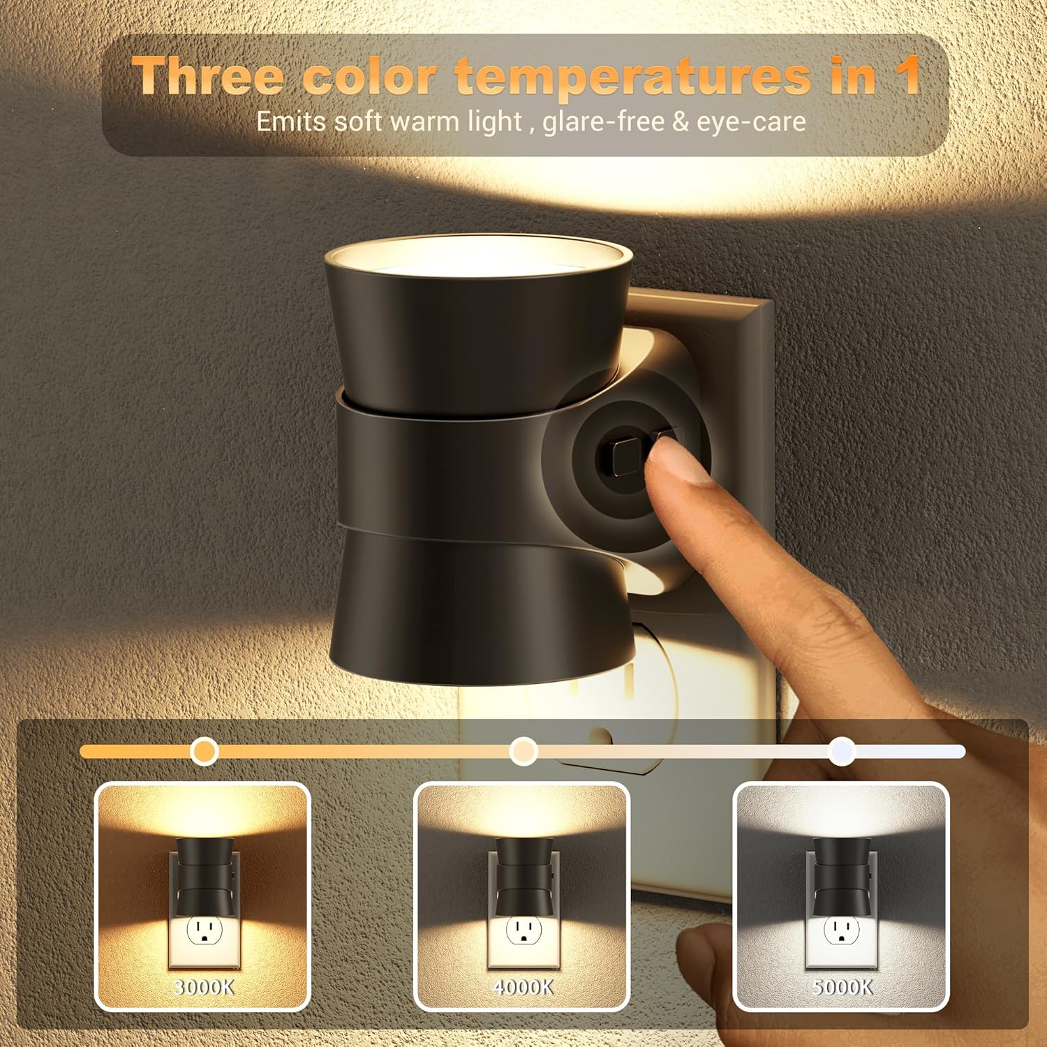 JandCase Night Light, Night Lights Plug Into Wall with 3 Color Temperatures, 2 Pack Dusk to Dawn Sensor Dimmable Nightlight, 3CCT (3000K/4000K/5000K) Adjustable LED Night Light for Bathroom Hallway Black - Mini 2 3CCT