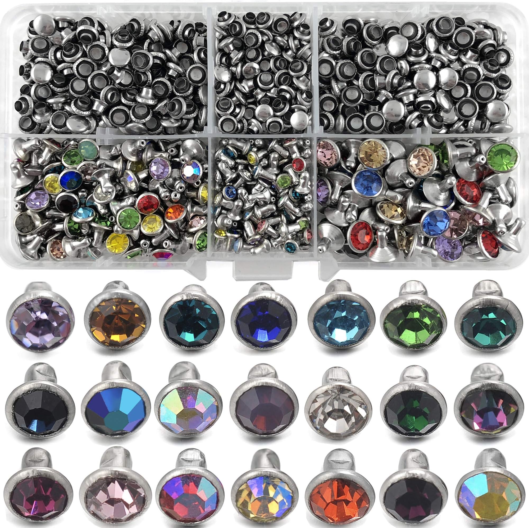 500 Sets Mixed Colors Cz Crystal Rivets Rhinestone Rivets Studs Rapid Rivets Silver Color Spots Studs for Leather Craft DIY Making (Mixed Size)