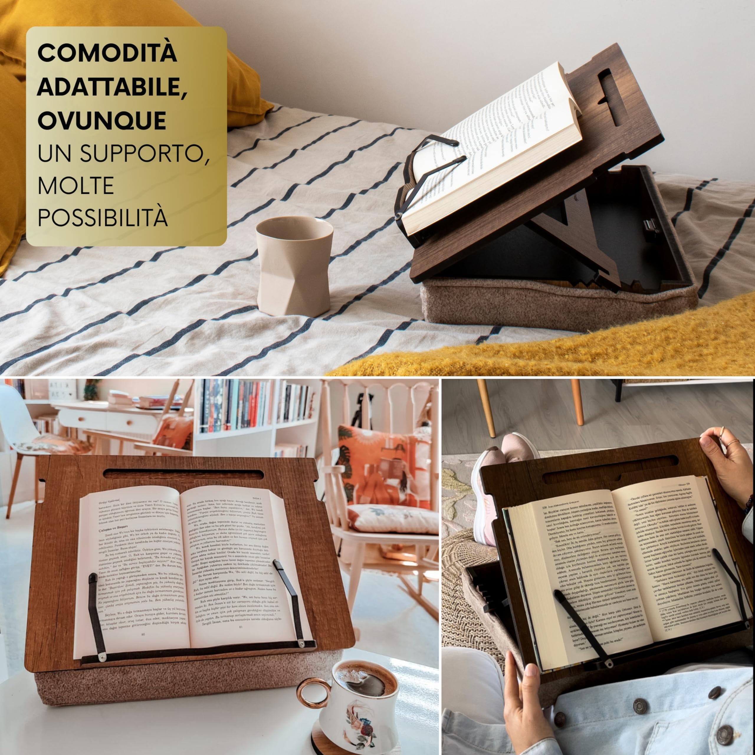 Vigo Wood - Sostegno Libri in Legno Regolabile, Espositore Multifunzione, Book Holder con Scomparto - Leggio da Letto, Tavolo, Supporto per Tablet: Accessori Lettura Libri di Alta Qualità