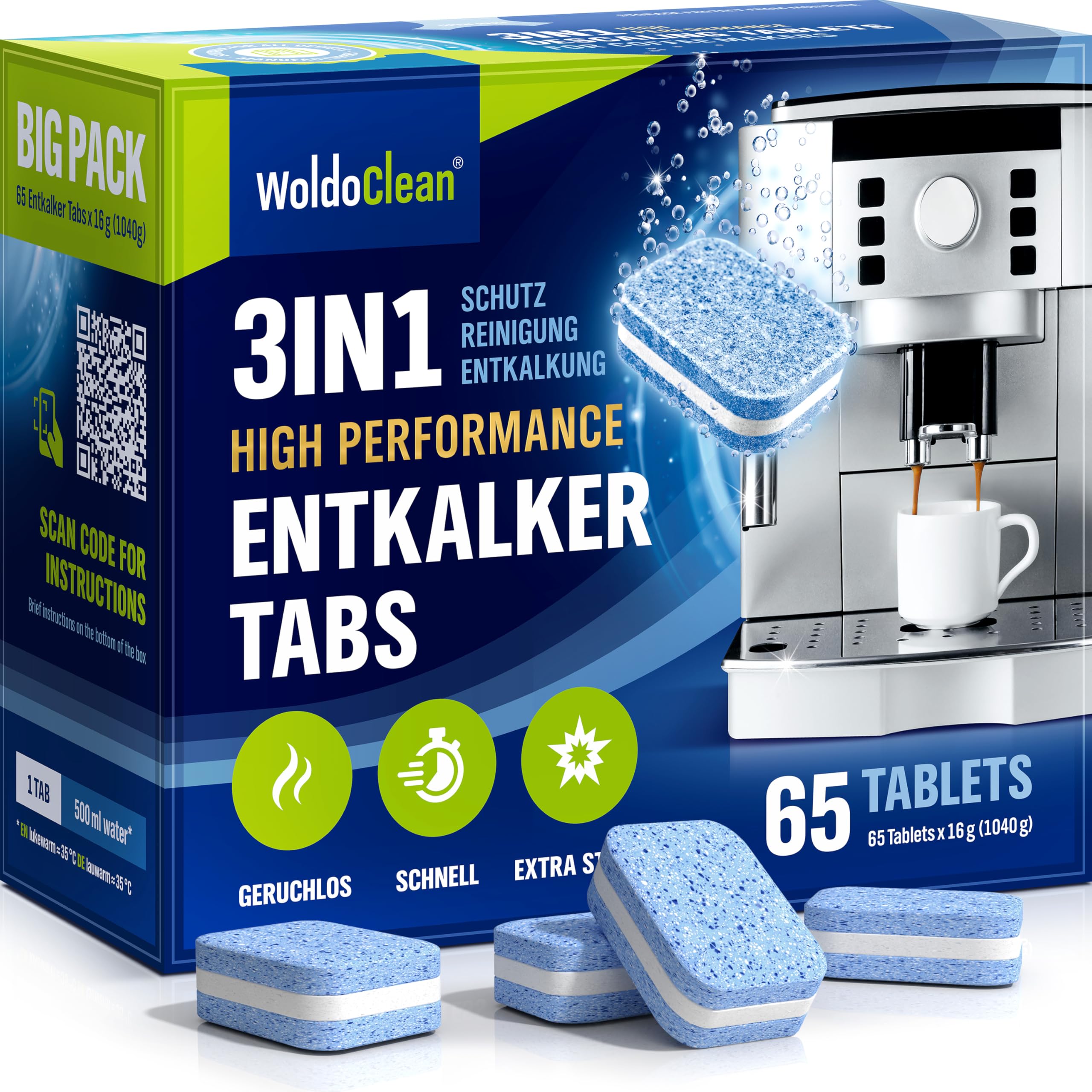 WoldoClean 3in1 Entkalkungstabletten 65 Stück 3-Phasen - für Kaffeevollautomaten & Kaffeemaschinen, Entkalker Tabletten, kompatibel mit Siemens EQ, Jura, Delonghi uvm.