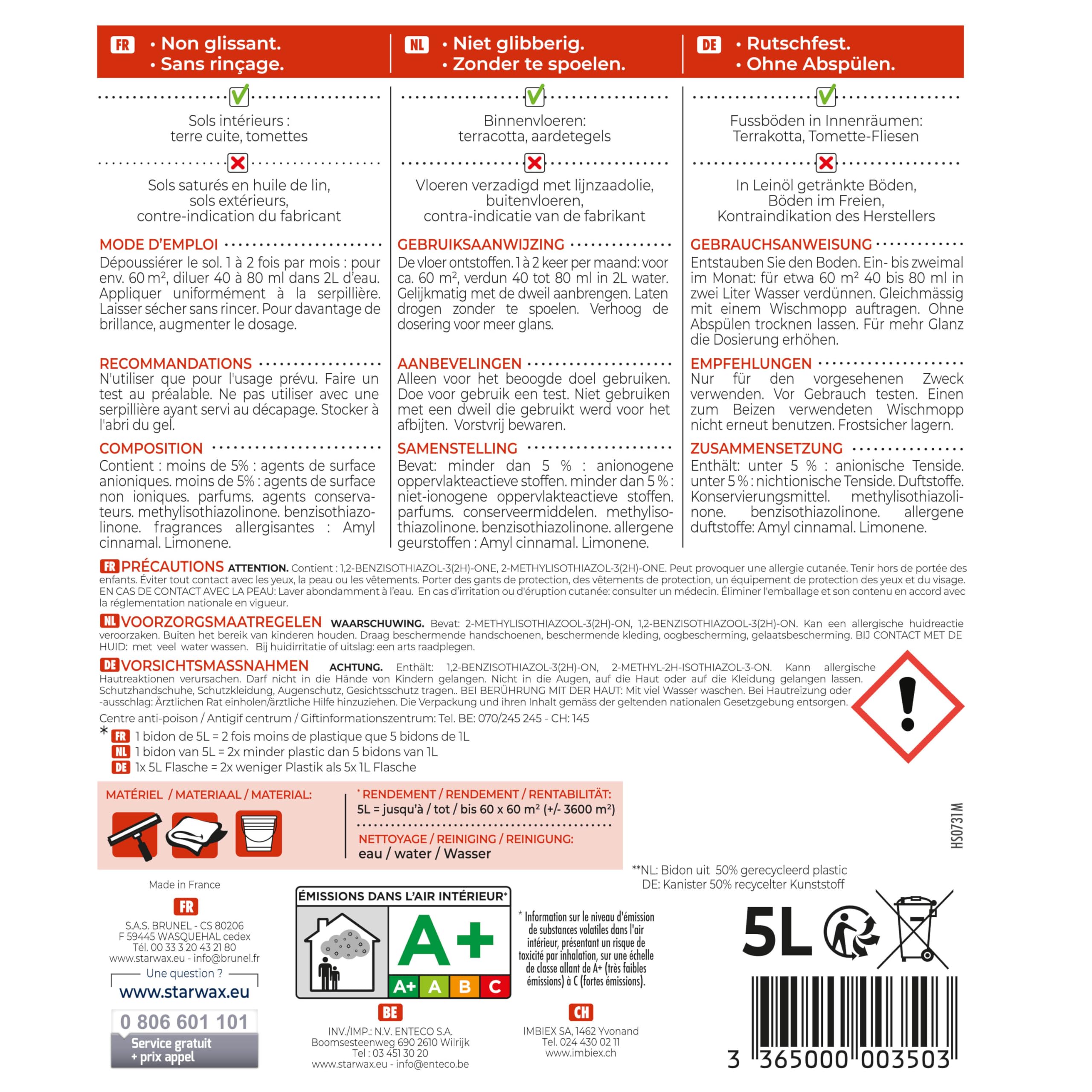 STARWAX Leche de Brillo Barro Cocido 5L | Protege y hace brillar suelos de tomette y terracota, 2 en 1 limpieza y brillo, sin enjuague, rendimiento 750 m²/L