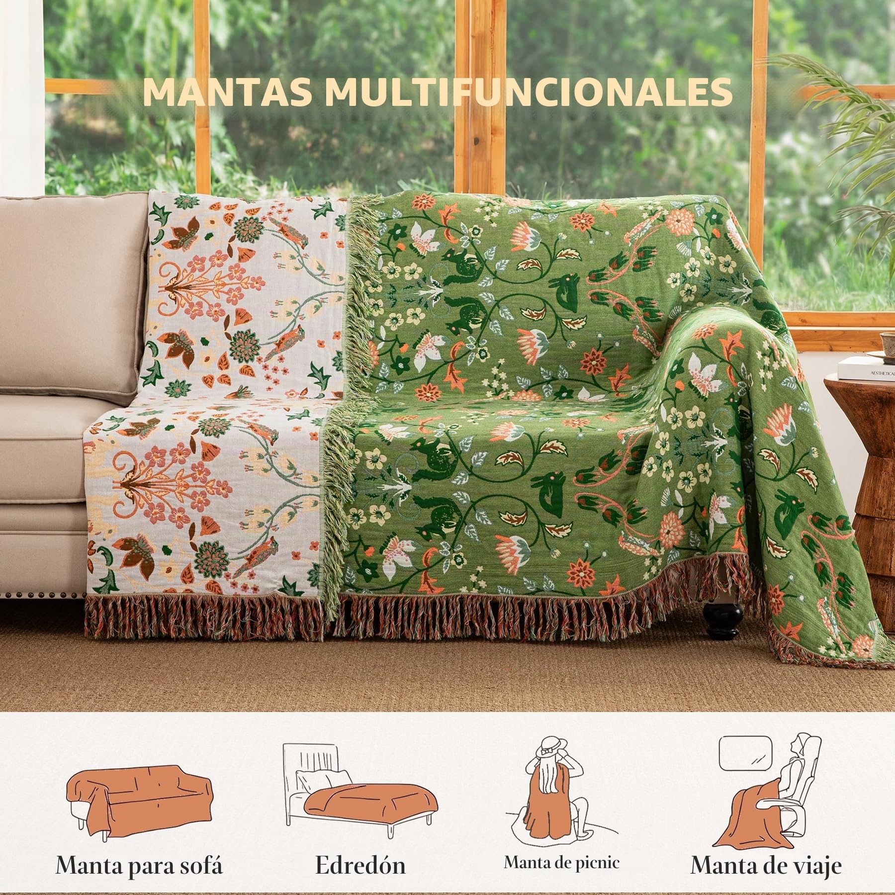 Colcha Boho con Flecos de, 100% algodón, Manta de Muselina Reversible de 150 x 200 cm, Manta Suave y acogedora para sofá y Colcha, Transpirable para salón y Dormitorio, Apta para Todo el año