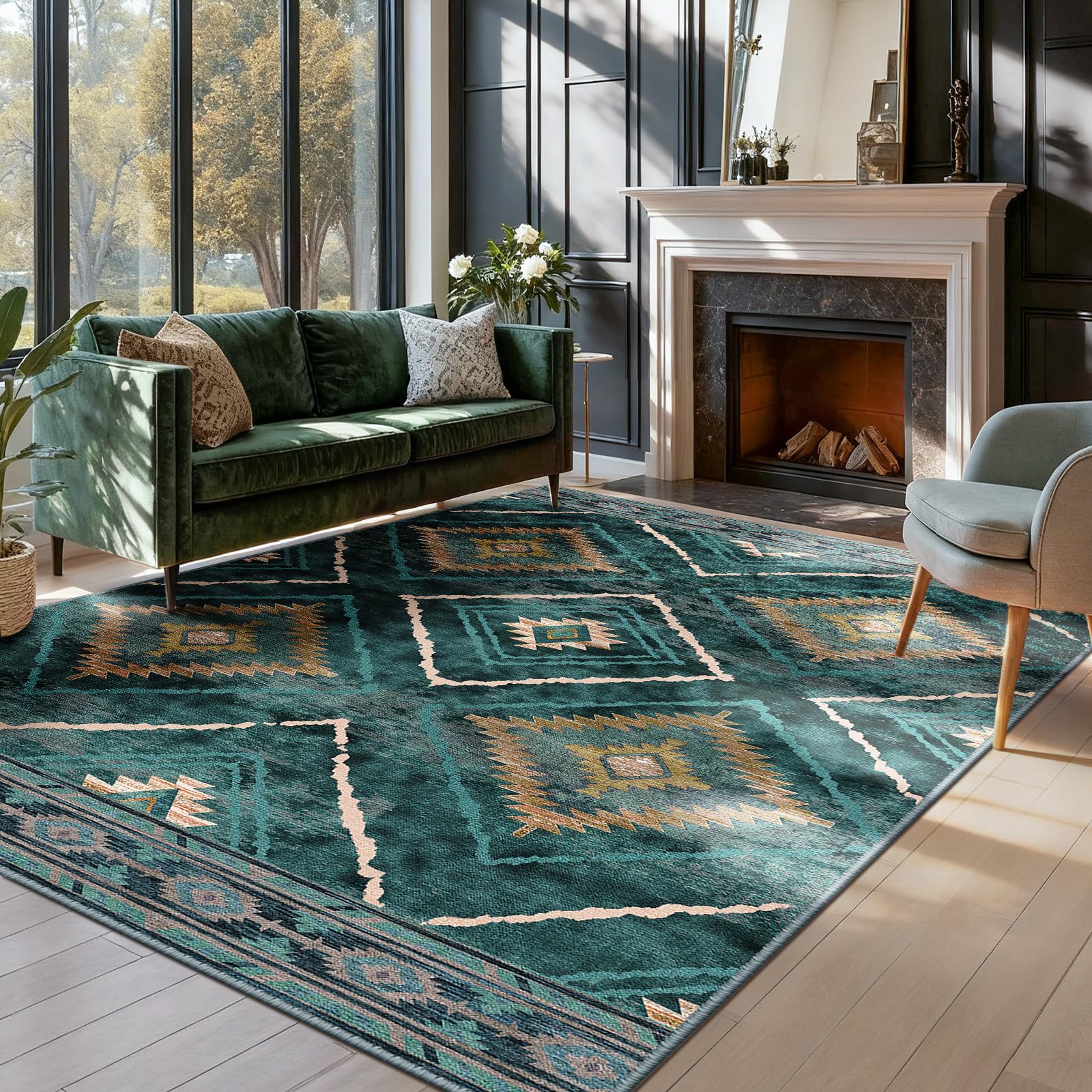 DEFYNEE Teppich Wohnzimmer, Waschbarer Teppich Läufer, Kurzflor, rutschfest, Pflegeleicht, Vintage & Boho Rug für Hund, Flur, Küche, Korridor