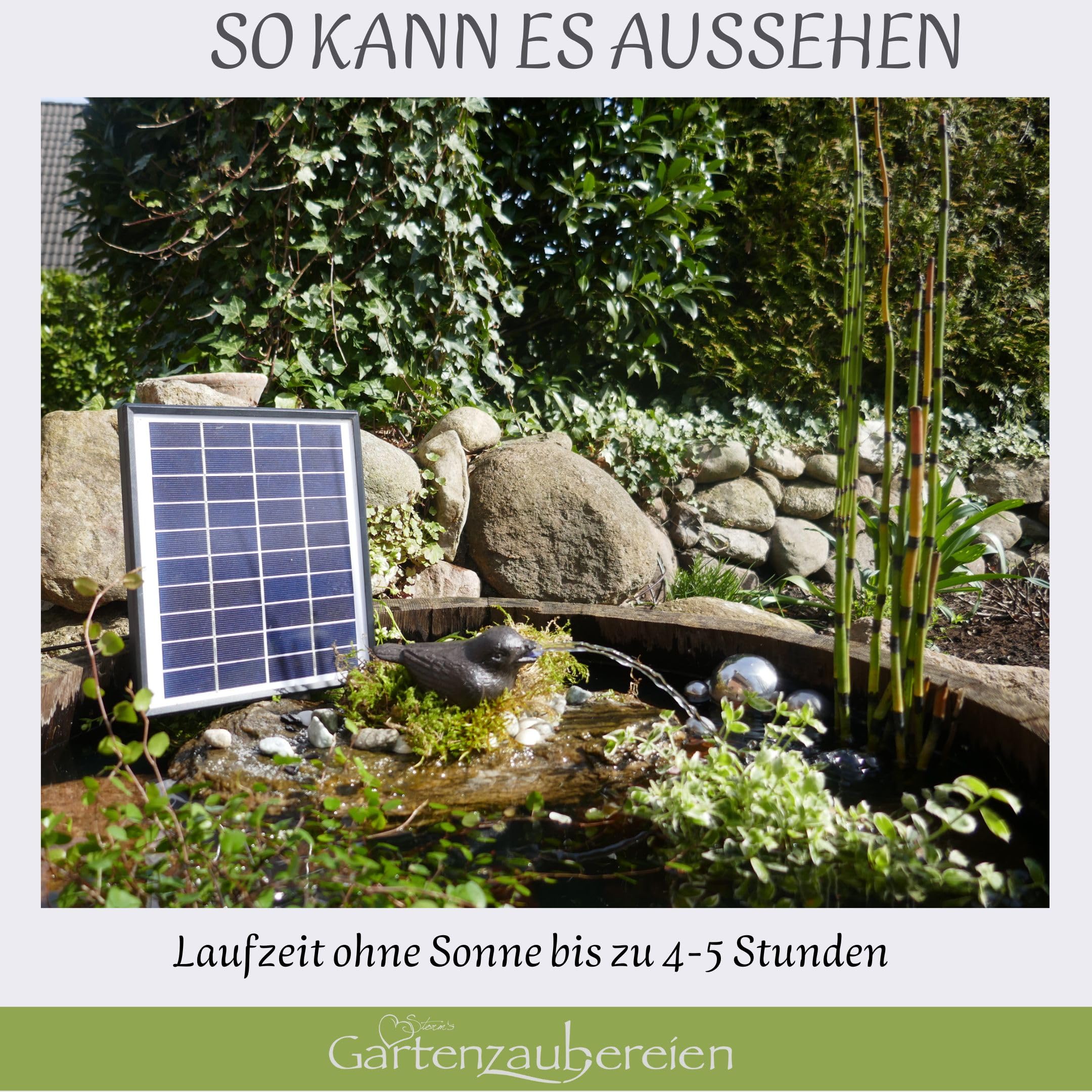 Storm's Gartenzaubereien Wasserspeier - Spatz mit Akku Solarpumpe ohne Sonne 4-5 Stunden - Gusseisen Figur