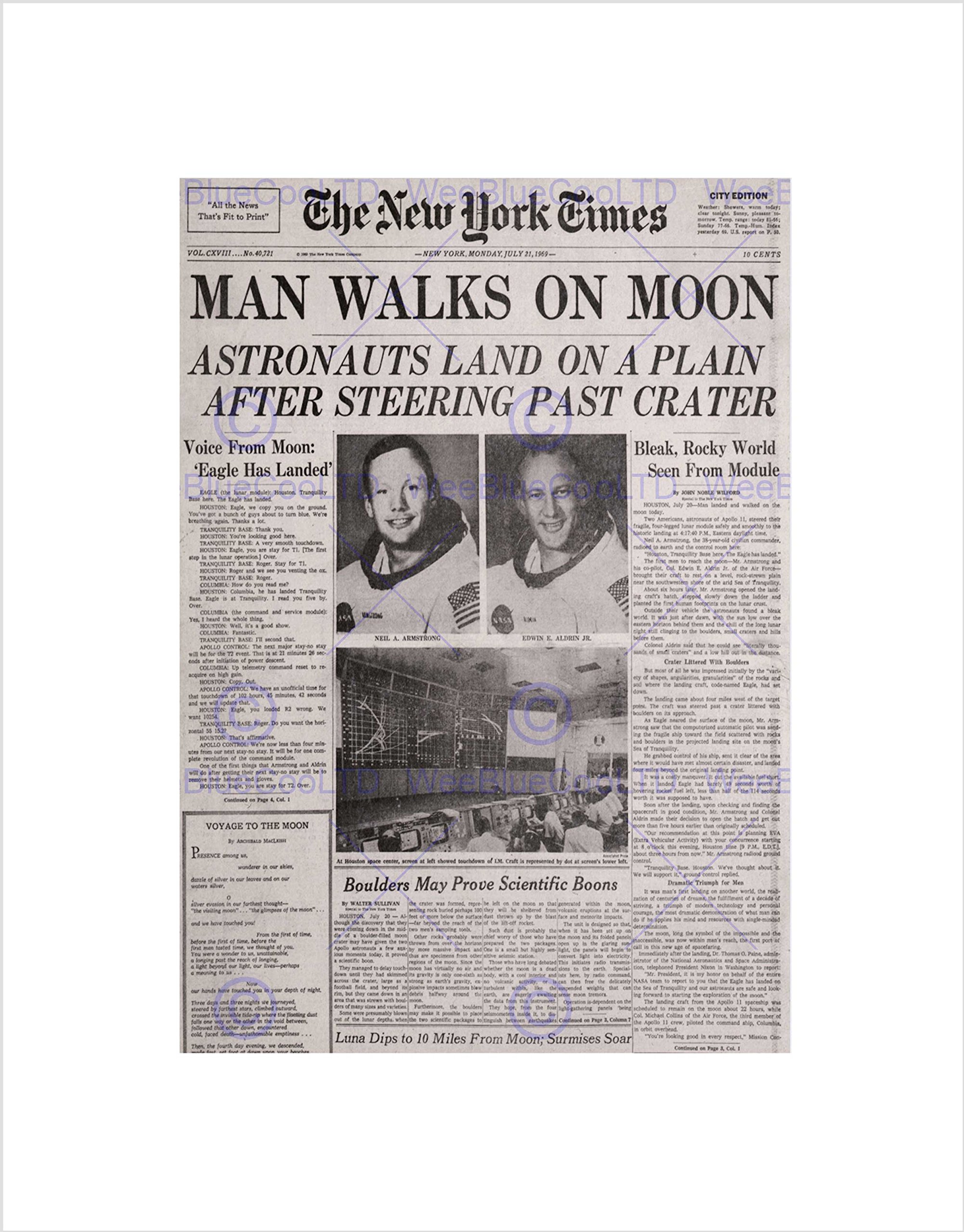 Wee Blue Coo Vintage Space Newspaper Moon Aldrin Armstrong Wall Art Print