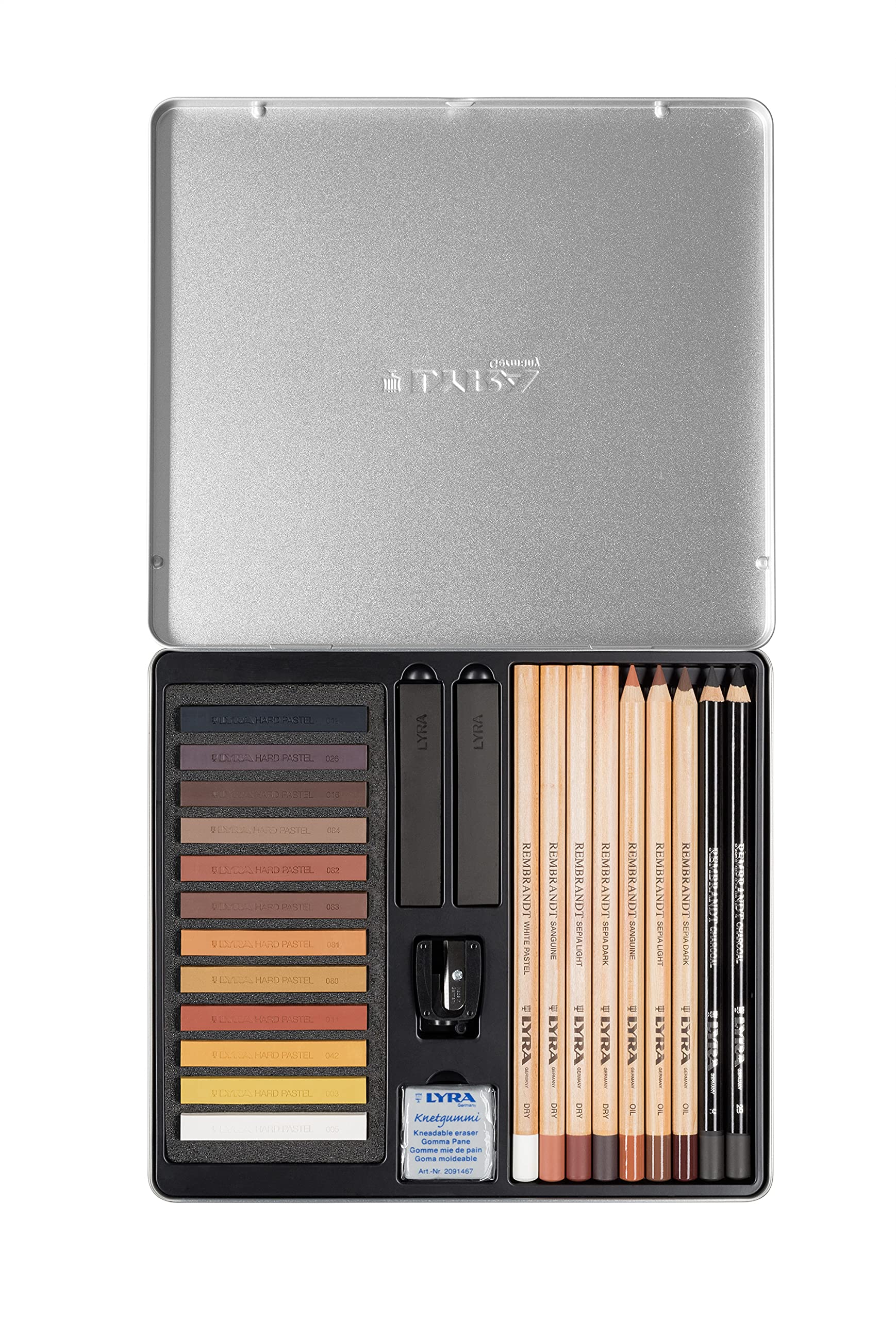Lyra - Metal box of pastels and sketching pencils brown tones + accessories - 25 pieces