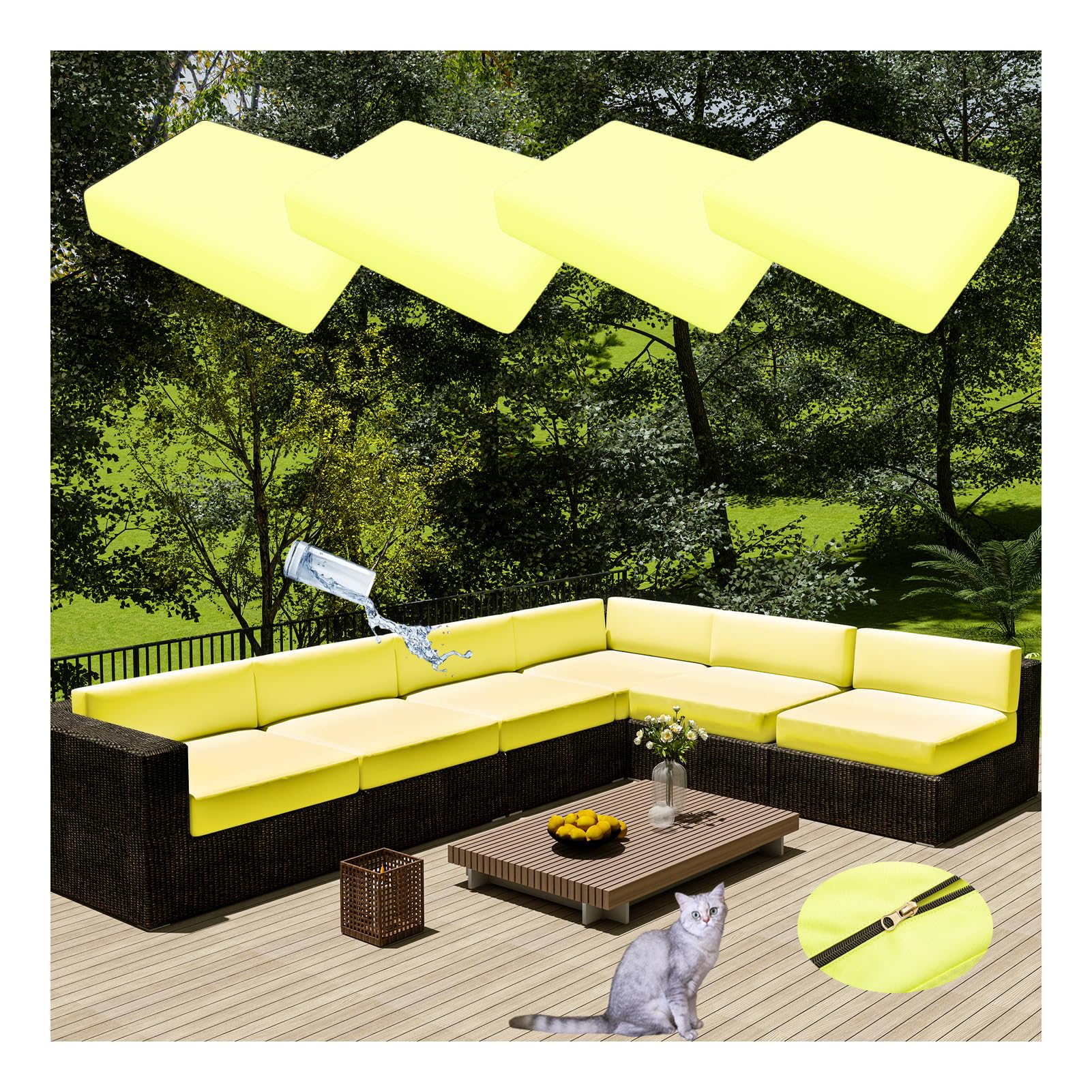 HonunGron 4Pcs Sofa Seat Cushion Cover with Zipper Waterproof Cushions Chair Seat Removable Cover Pads Cover for Patio Garden Outdoor Rattan Furniture (Only Cover) (Yellow Green,50 * 55cm)