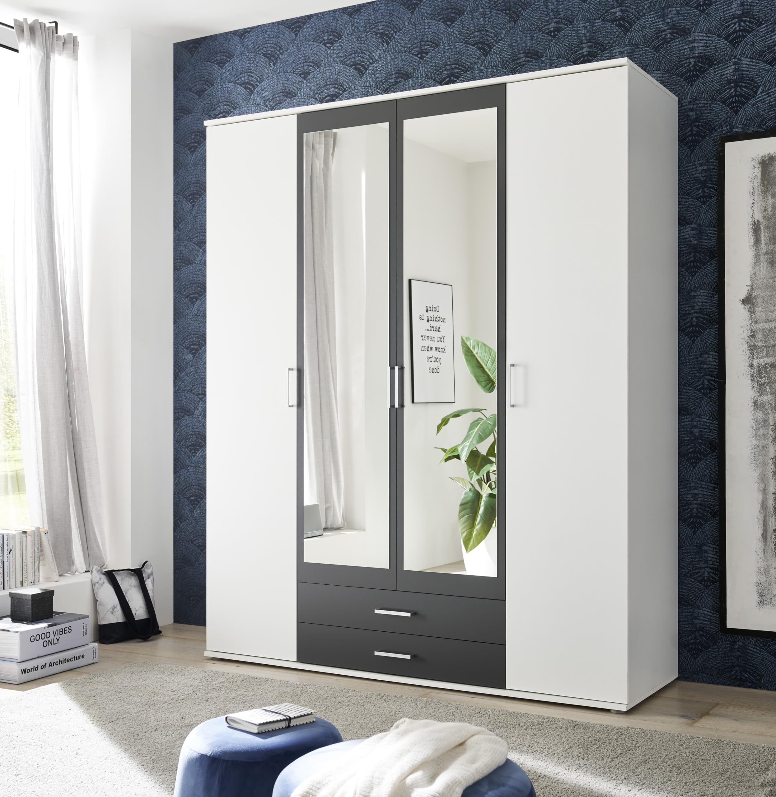 AVANTI TRENDSTORE Hanu - Armadio in legno laminato a 2 ante a battente in legno, 2 ante con specchio e 2 cassetti. Disponibile nel colore bianco/grafite. Dimensioni LxAxP 160x196x54 cm