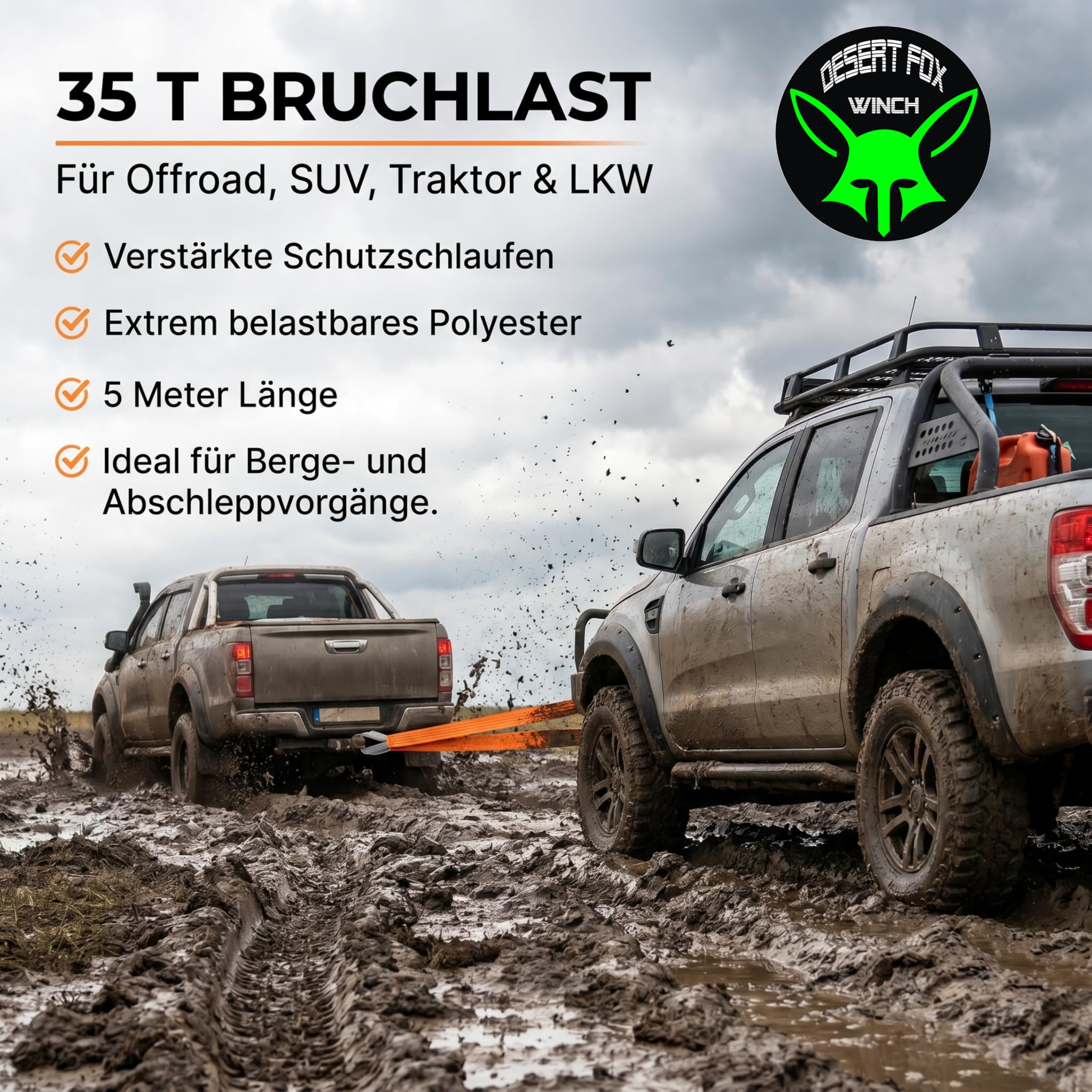 35T Abschleppseil 5m Orange – Profi Bergegurt mit verstärkten Schlaufen | Extrem belastbarer Abschleppgurt für Offroad, SUV, Traktor, LKW & Forst