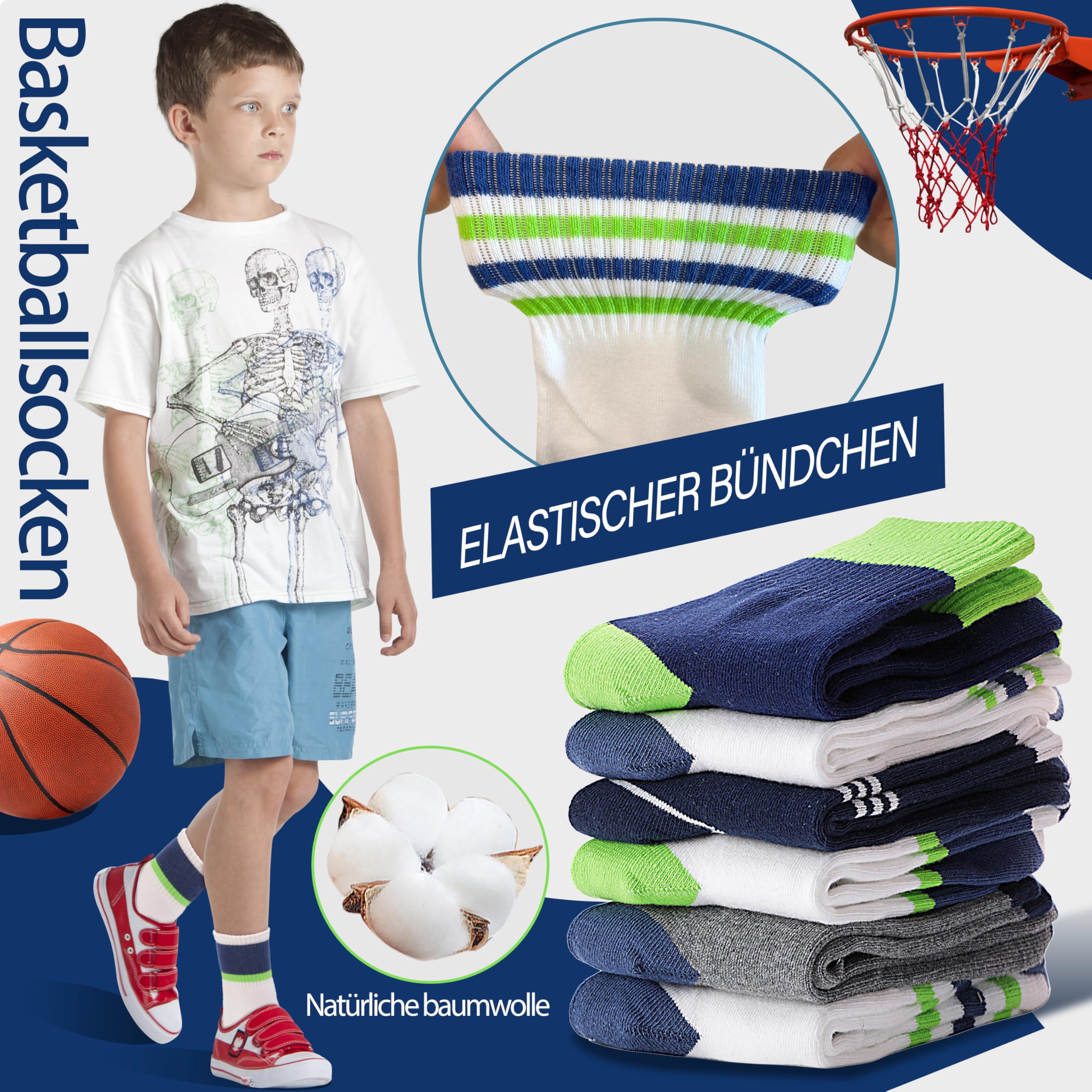 Welwoos Kinder Jungen Socken Sportsocken Atmungsaktiv Laufsocken Kompressions Baumwolle Kindersocken 6 Paare