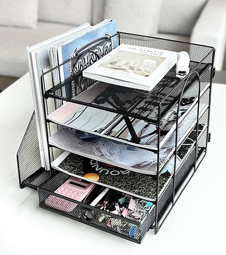 Miniatura 2 de Organizador de cartas de papel de 5 niveles con soporte para archivos, organizador de escritorio con cajón, almacenamiento de escritorio de malla