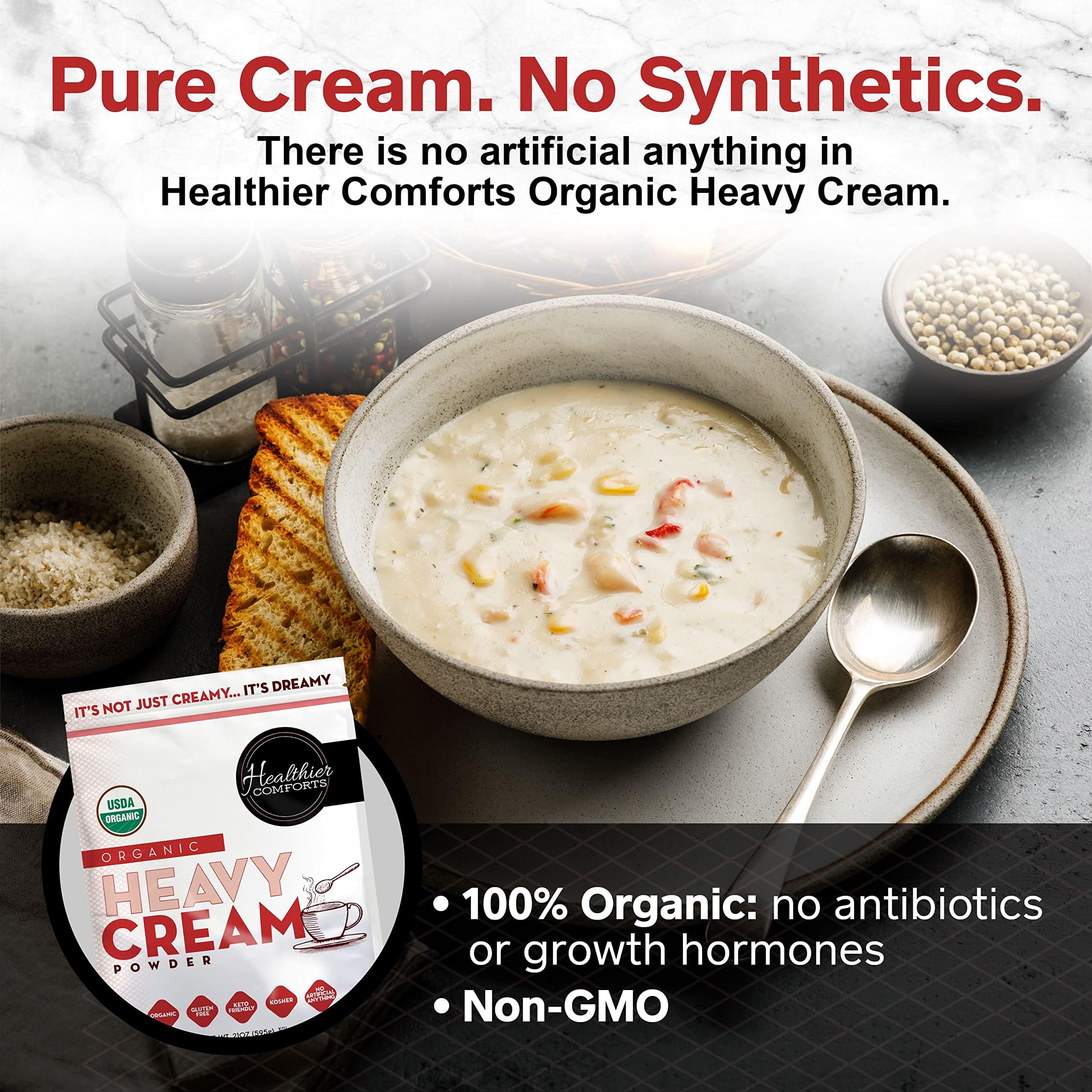 Healthier Comforts Organic Heavy Cream Powder (21 oz) | Kosher, Gluten Free, Non-GMO, and Keto Friendly | Long Lasting, Easy Sauces, Baking | Made in the USA