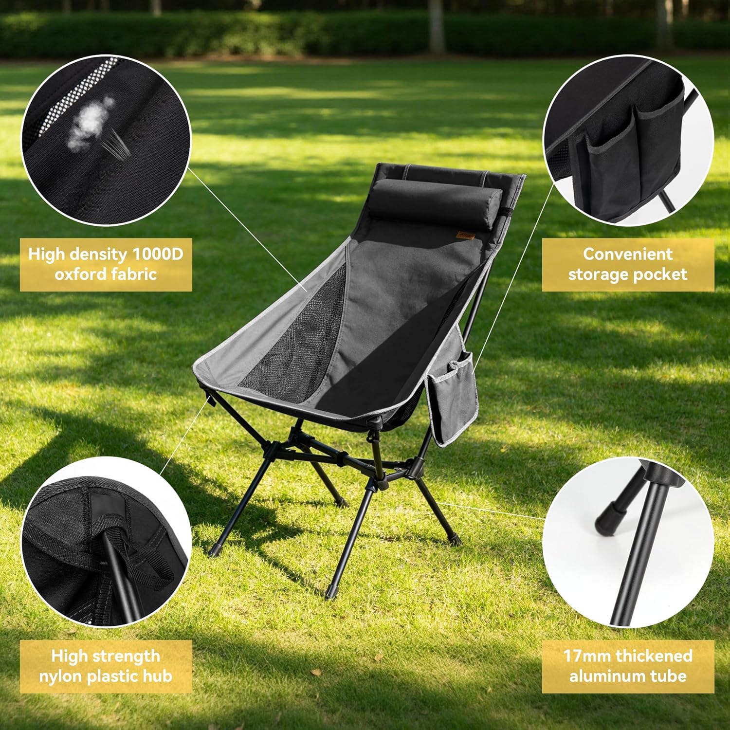 TOBTOS Portable High Back Camping Chair, Support 440 lbs, Ultralight Folding Chair with Head Support, Compact Backpacking Chair for Outdoor Camp Backpacking Fishing (Black)