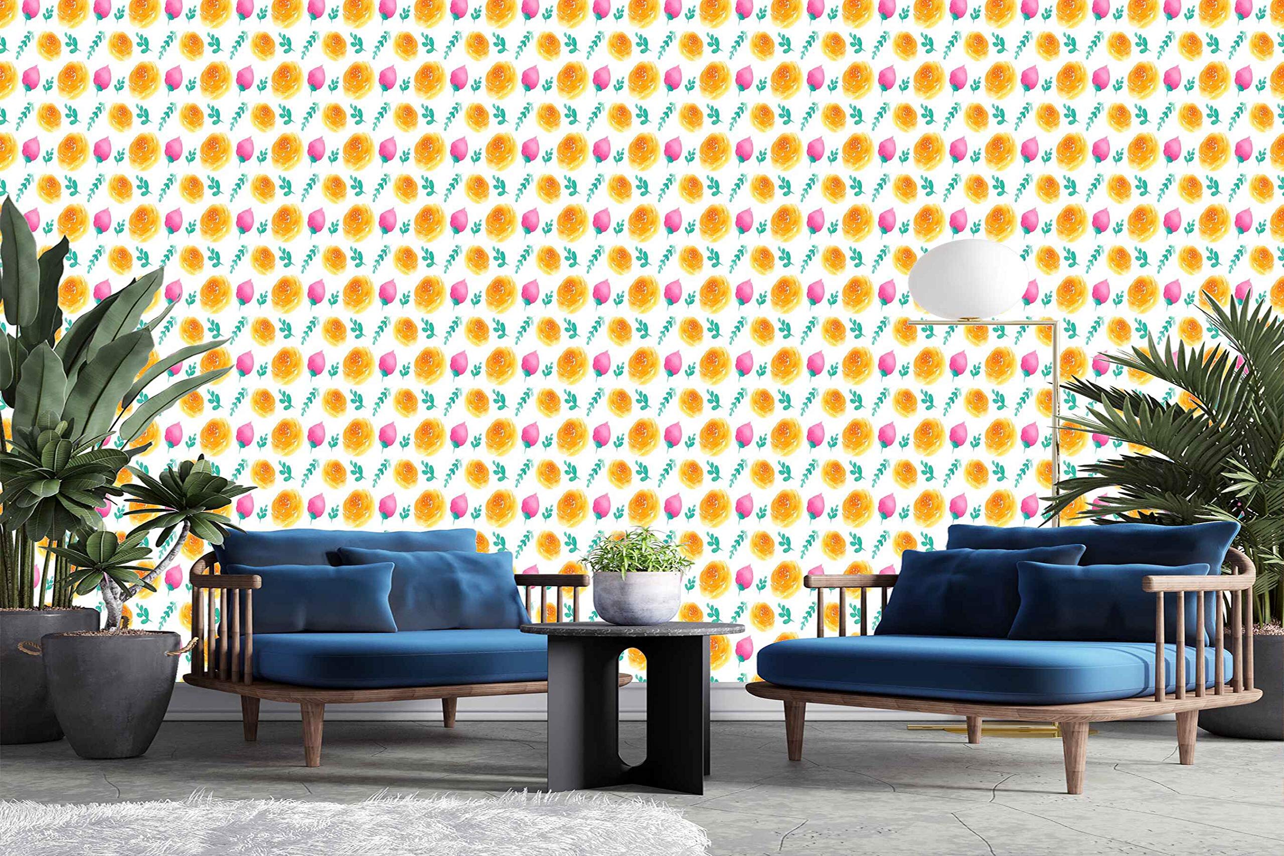 Buy Avikalp SelfAdhesive ARW0624 Pink Orange Flowers Blue Leaves White HD Wallpaper for Drawing