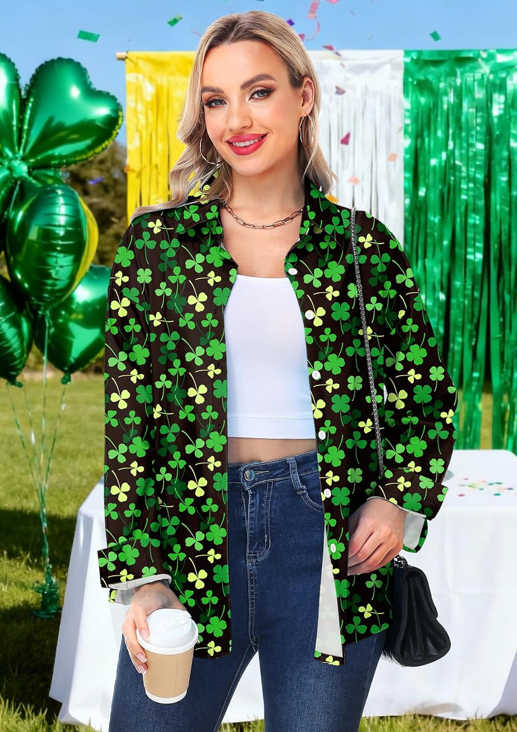 Womens Valentines Long Sleeve Shirts Heart Graphic Print Button Top - Image 2