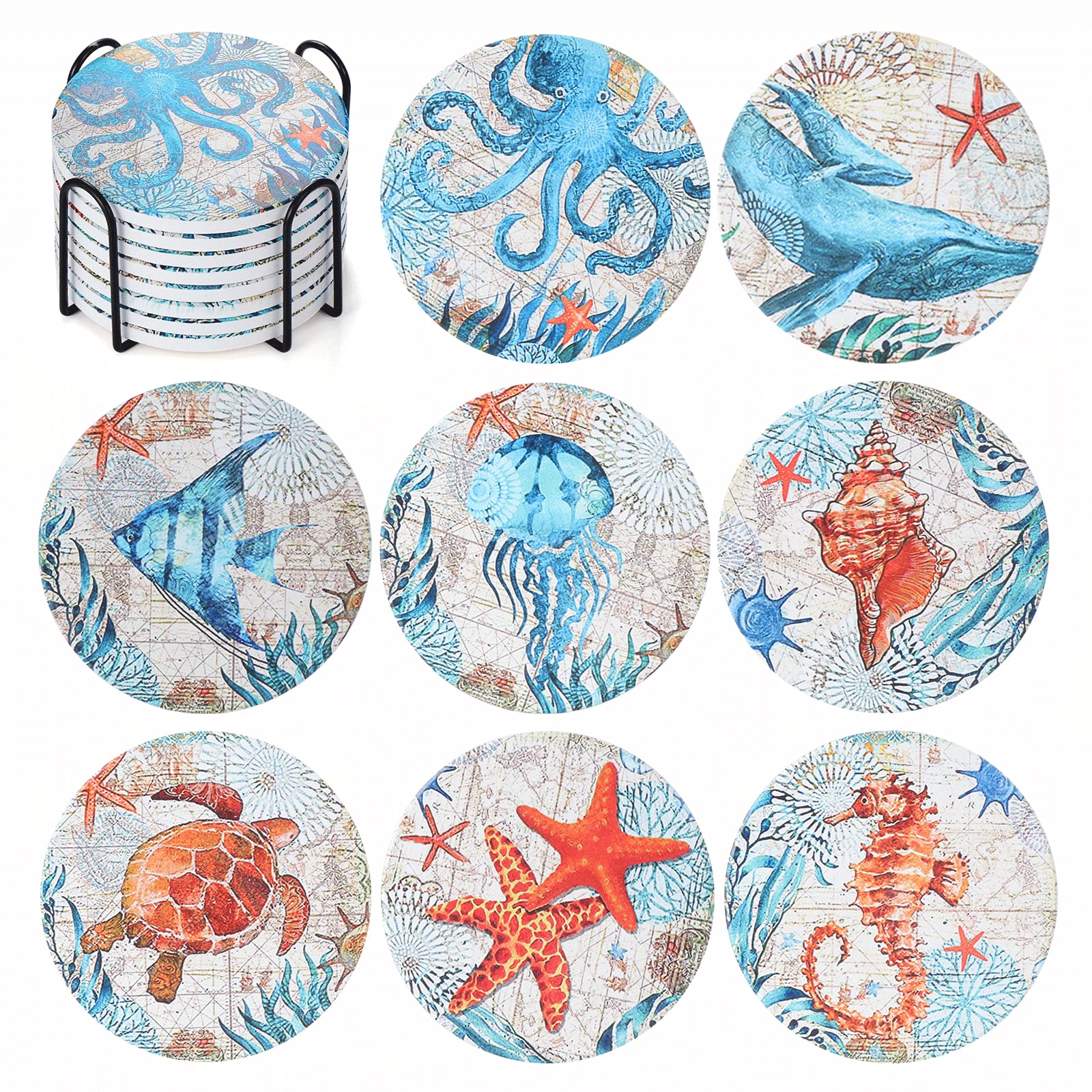 Generic DRINK COASTER Set of 8, Round Absorbent Ceramic Coaster with Cork Base and Holder, Non Slip Stone Coaster, Sea Ocean Style, Ideal Gift for Friends and Housewarming