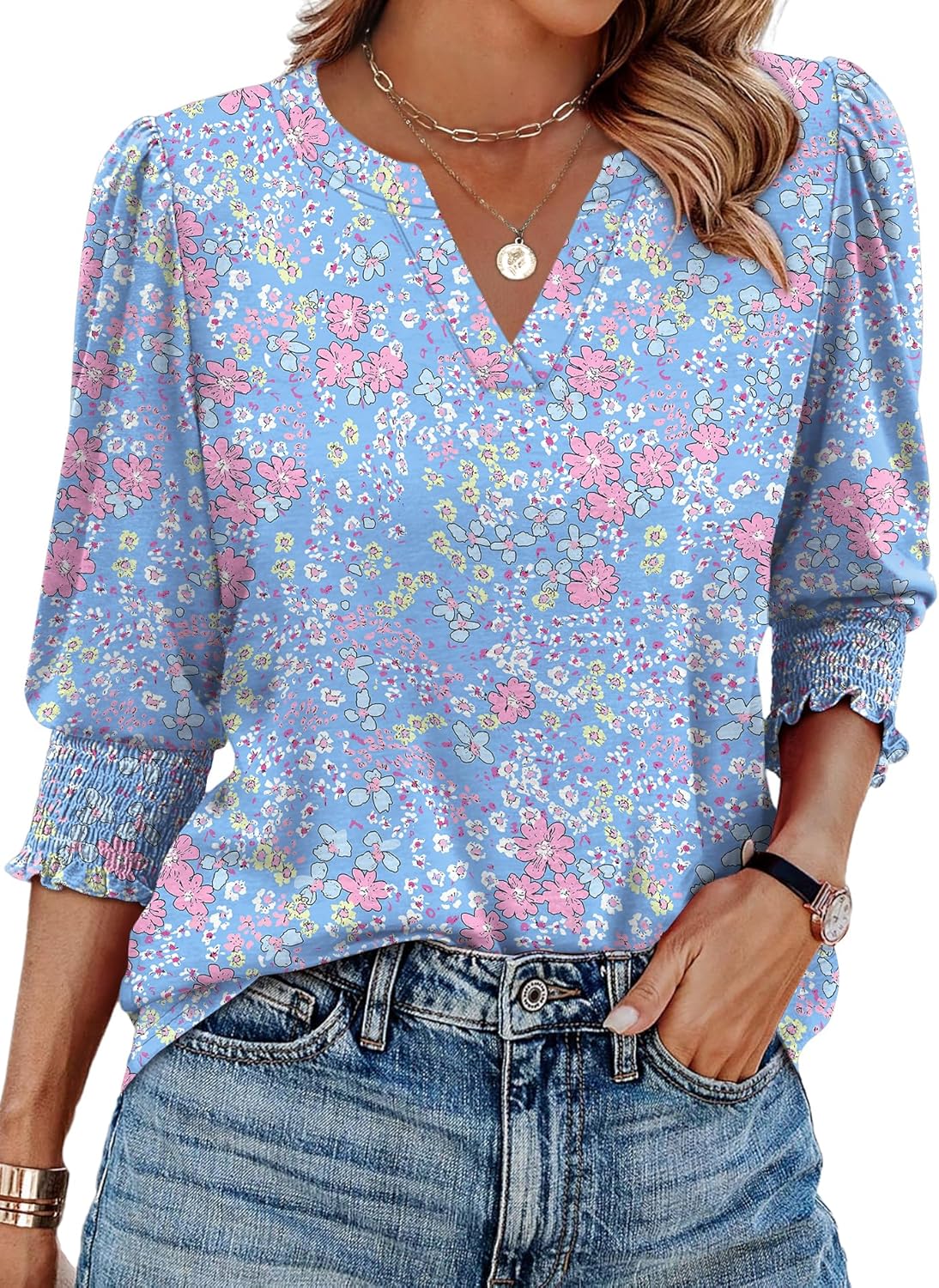 XIEERDUO Blouses for Women Dressy Casual 3/4 Length Sleeve Womens Tops V Neck T Shirts with Smocked Cuffs