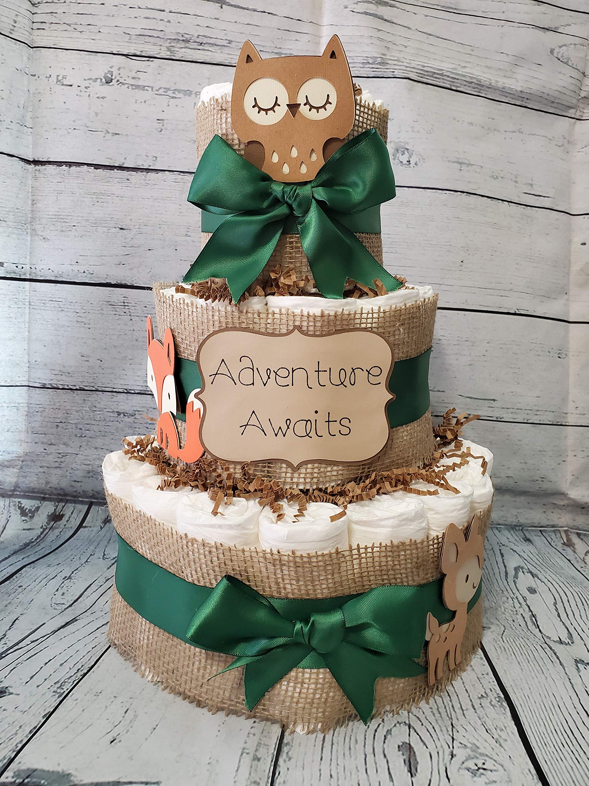 Woodland Theme Adventure Diaper Cake - 3 Tier - Baby Shower Gift - Brown Green - Fox Deer Owl
