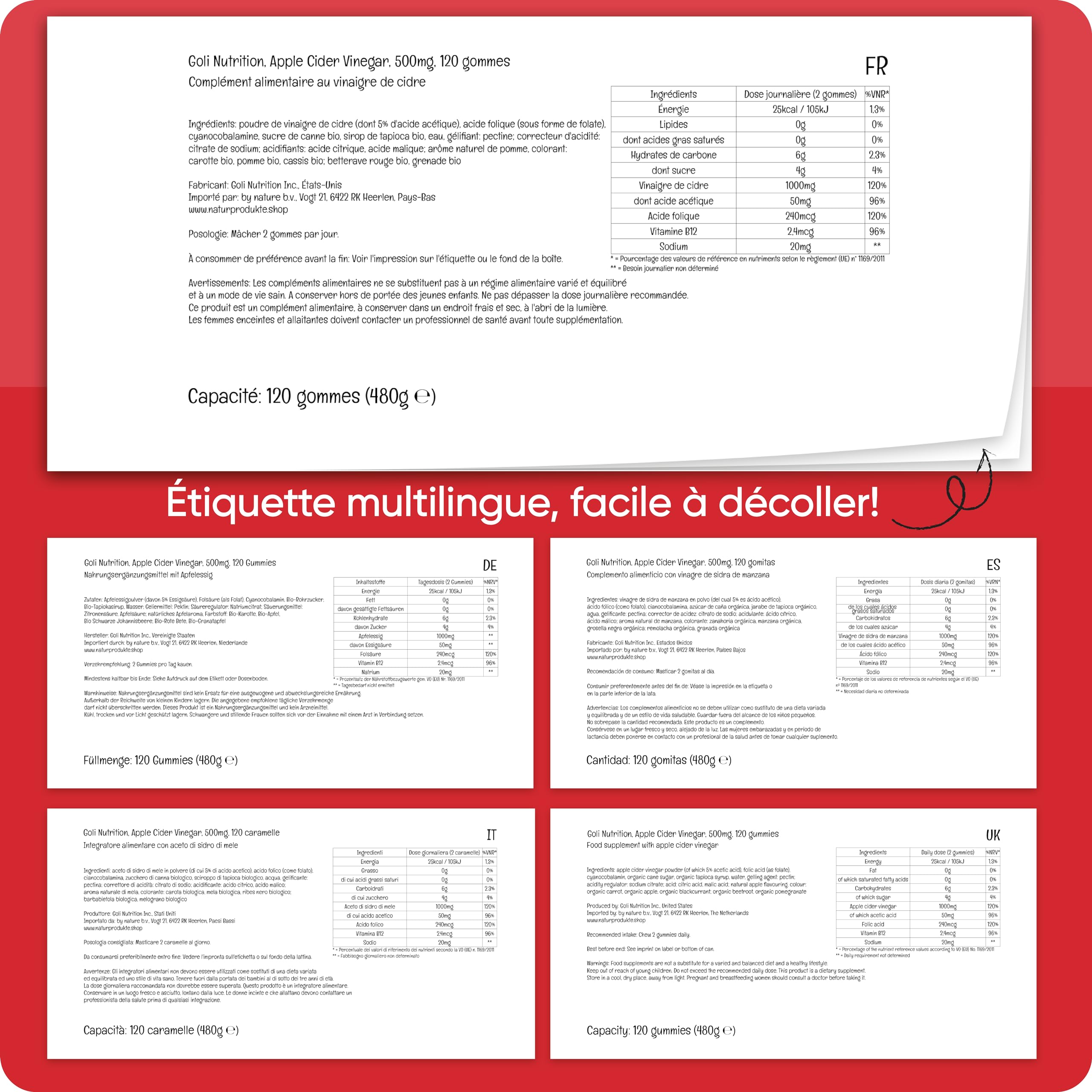 Goli Nutrition, Apple Cider Vinegar Gummies (Gommes au Vinaigre de Cidre), 500mg, 120 Gommes végétaliennes, Sans Gélatine, Testé en Laboratoire, Sans Gluten, Végétarien, Sans Soja, Sans OGM
