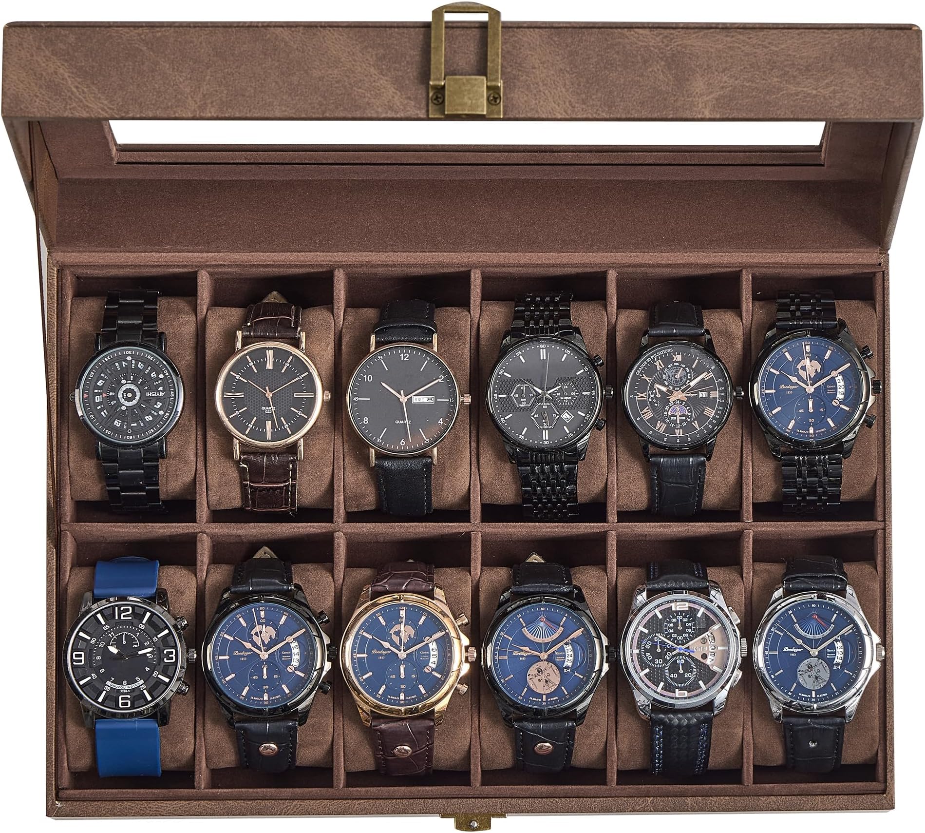 SONGMICS Watch Box, 12-Slot Watch Case Organizer with Large Glass Lid, Removable Pillows, Christmas Gift, Coffee Brown Synthetic Leather, Coffee Brown Lining UJWB120KQ01S