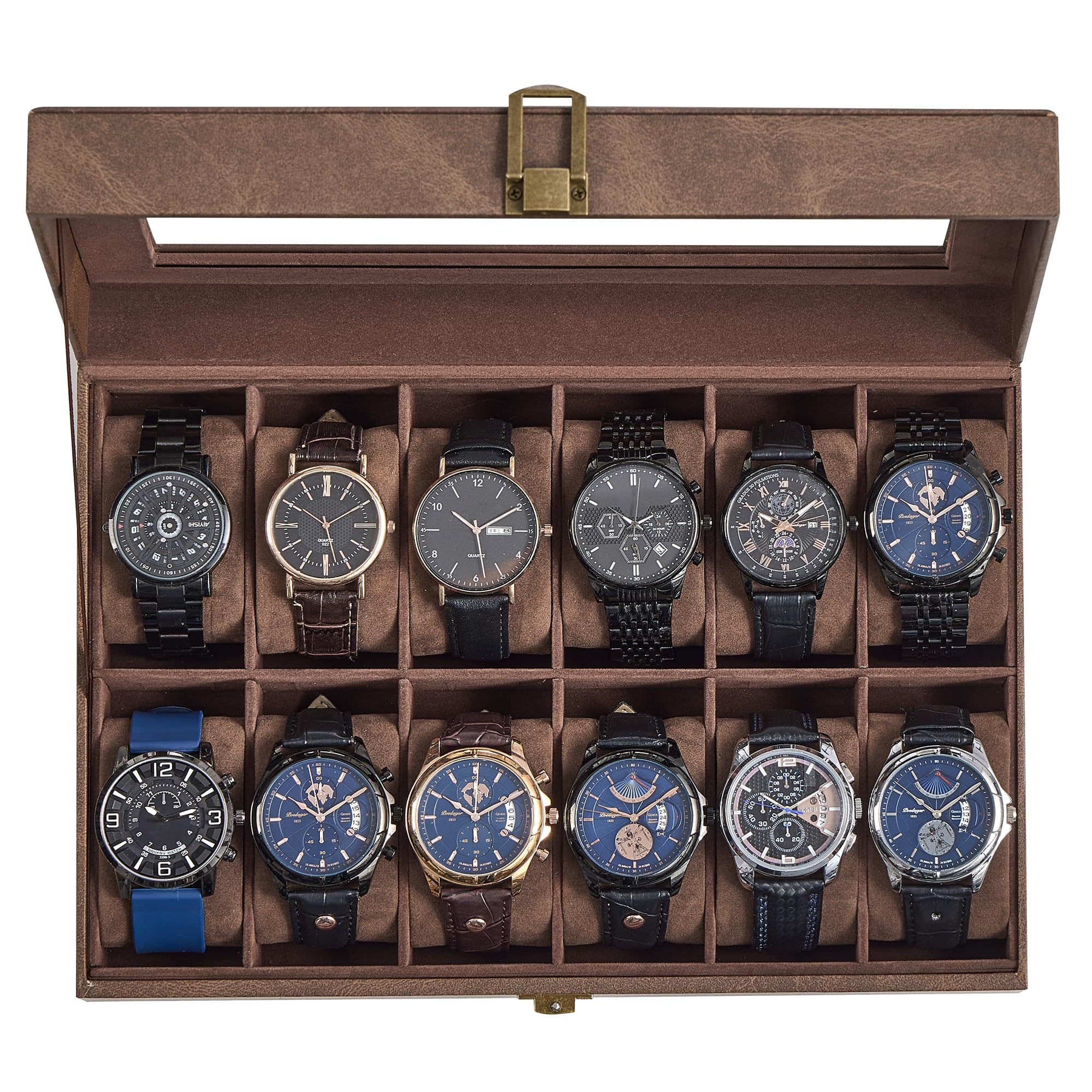 SONGMICS Watch Box, 12-Slot Watch Case Organizer with Large Glass Lid, Removable Pillows, Christmas Gift, Coffee Brown Synthetic Leather, Coffee Brown Lining UJWB120KQ01S