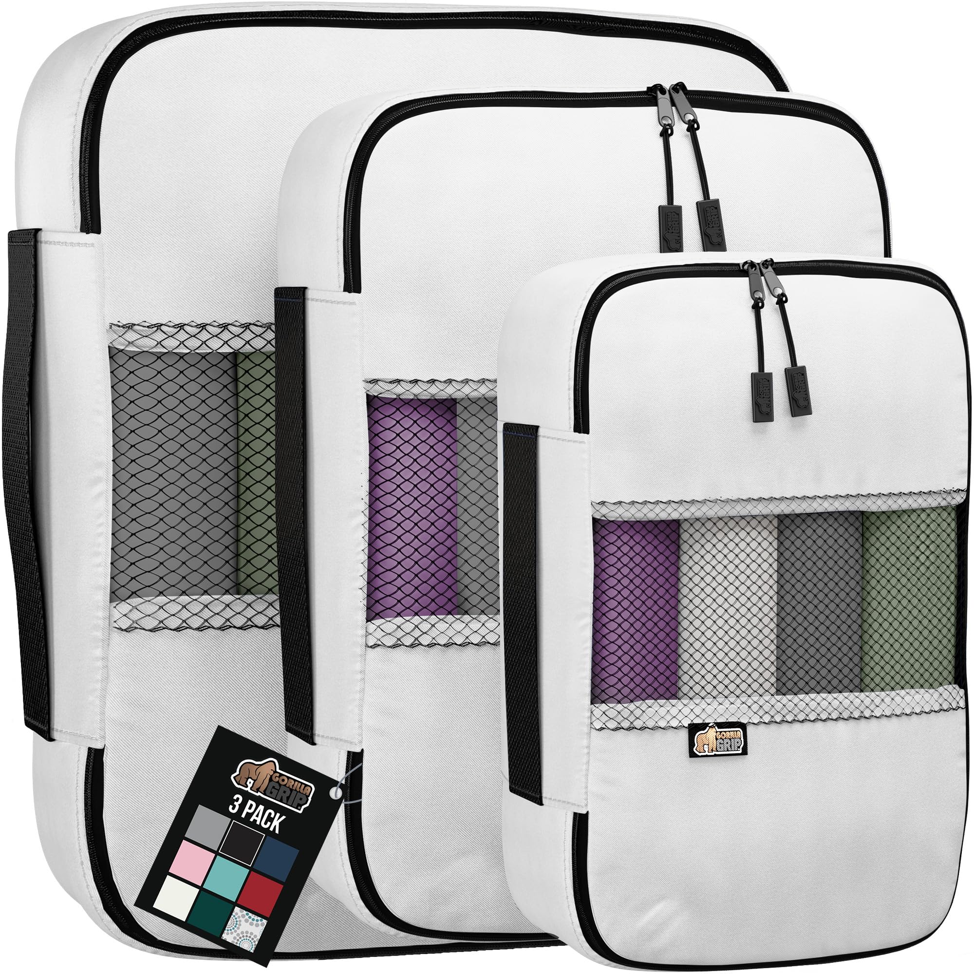 Gorilla GripGorilla Grip 3 Set Packing Cubes, Travel Essentials for Suitcases, Breathable Mesh Organizer Bags for Clothes, Toiletries, Shoes and Laundry, Luggage and Backpack Carry On Airplane Accessories, White