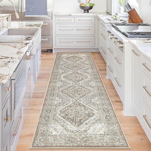KUTA Alfombra oriental lavable de 2.6 x 8 pies para pasillos, antideslizante, vintage, marfil, alfombra de pasillo de cocina, ultra suave, tribal,