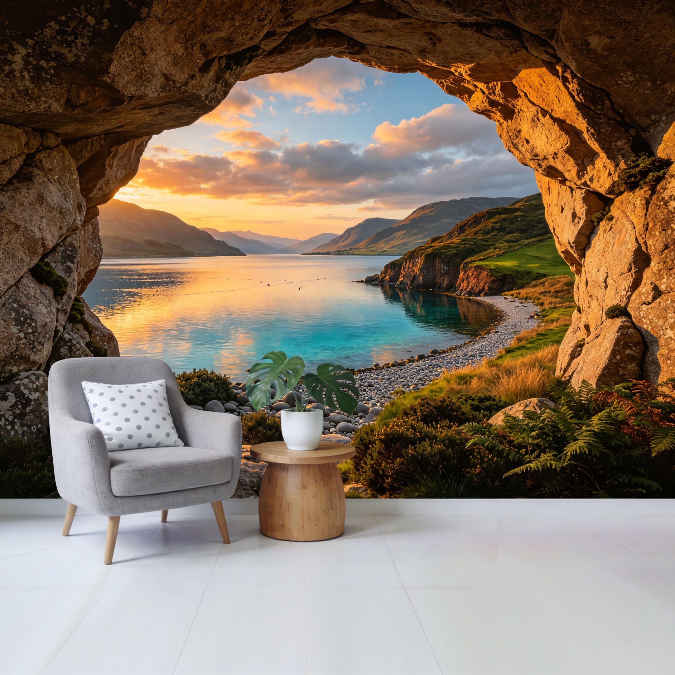 Custom Size Wall Mural Coastal Sunset Ocean View Landscape Through Rock Cave Removable Self Adhesive Fabric Home Wall Decor for Living Room Bedroom Bathroom