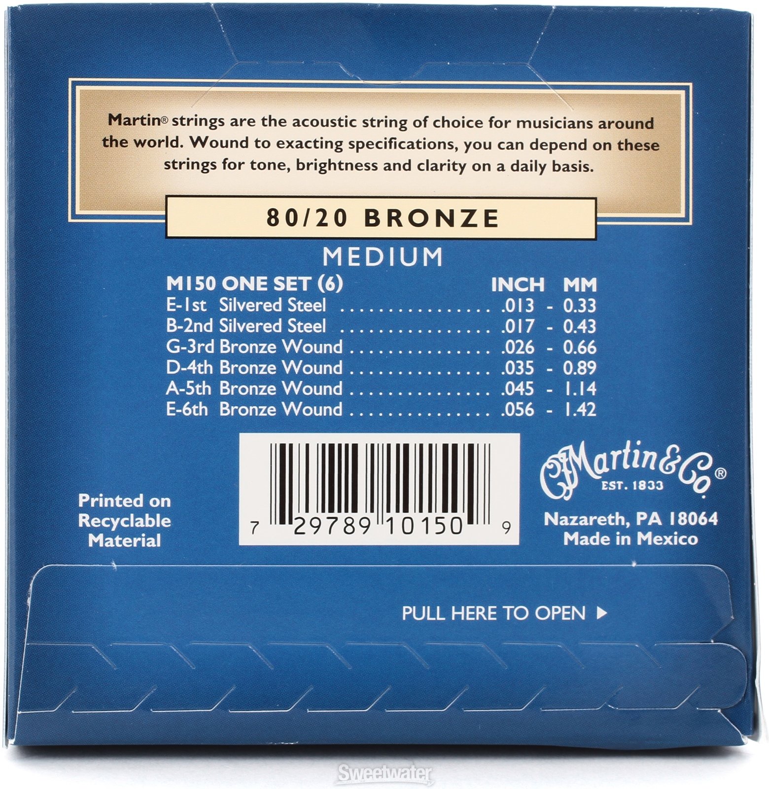 Martin - Corde per chitarra acustica in bronzo fosforoso 80/20 Bronze, Medium, 13-56 5 Pack