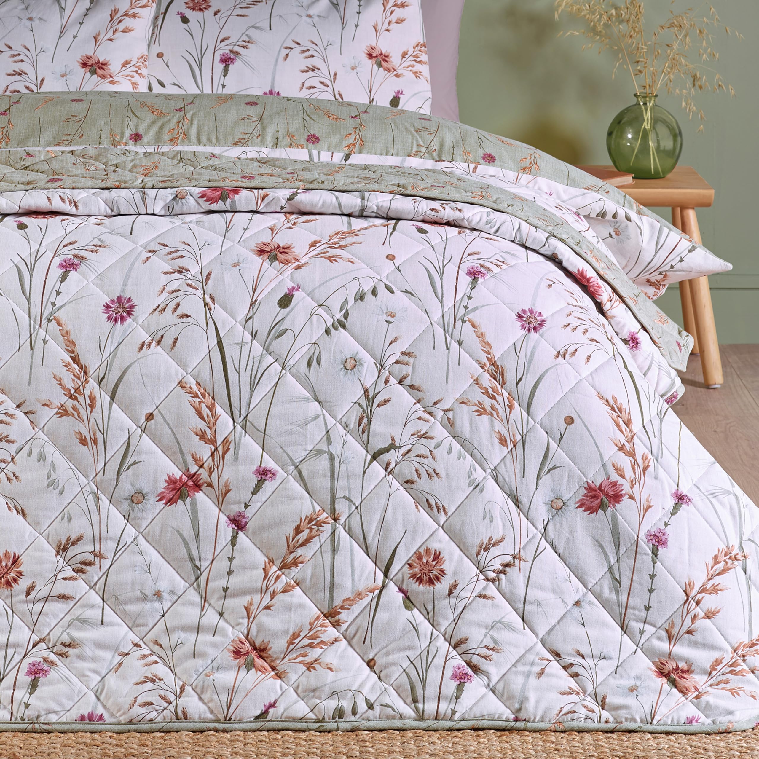 Catherine Lansfield 'Brushed Grasmere Floral' Cotton Reversible Quilted Bedspread in Green