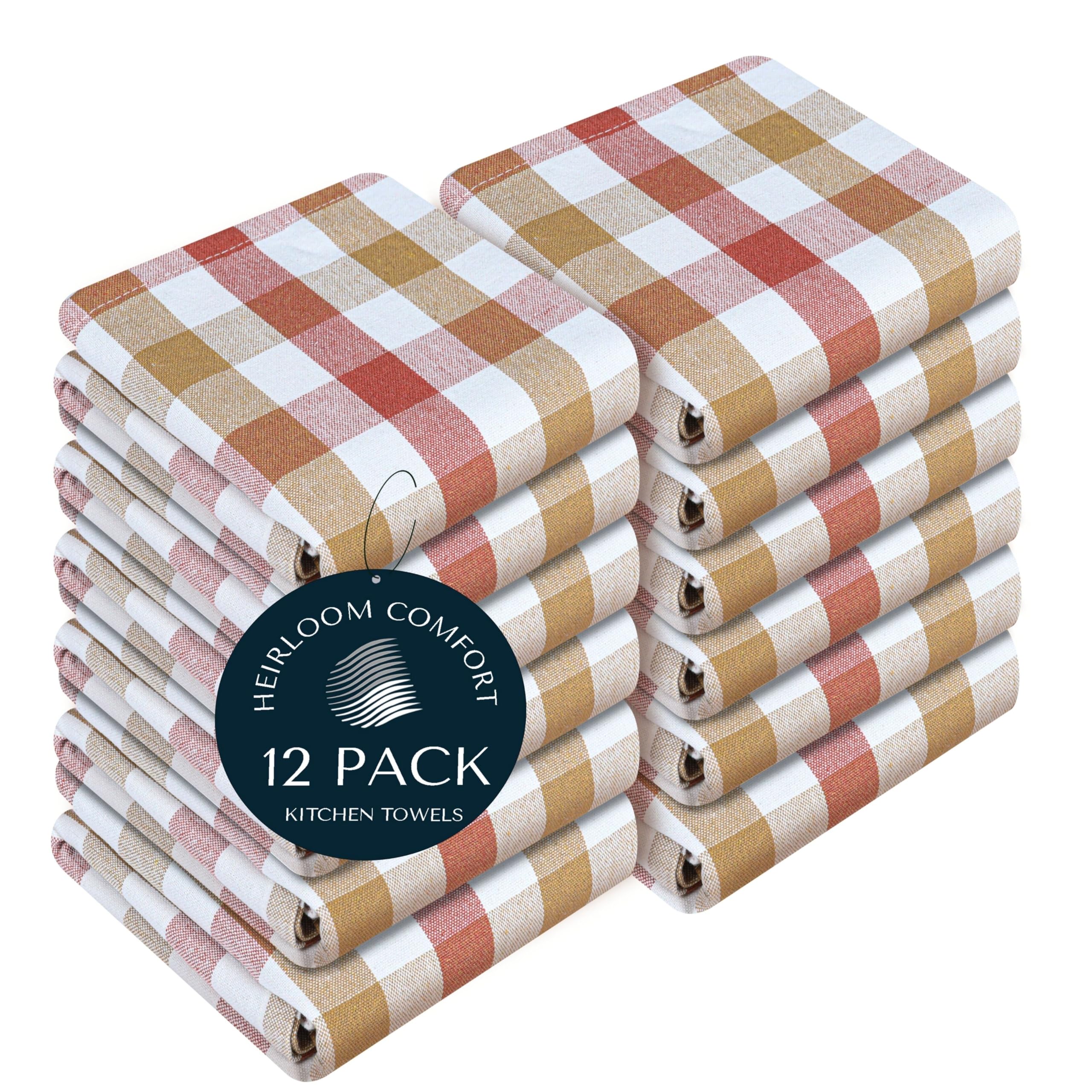 HEIRLOOM COMFORT Gingham Check Kitchen Towels 12 Pack, 45x66 cm, 100% Cotton, Super Absorbent & Quick Dry, Durable Dish Towel for Drying Dishes, Machine Washable, Everyday Use - Rust, Khaki, Natural โ image 1