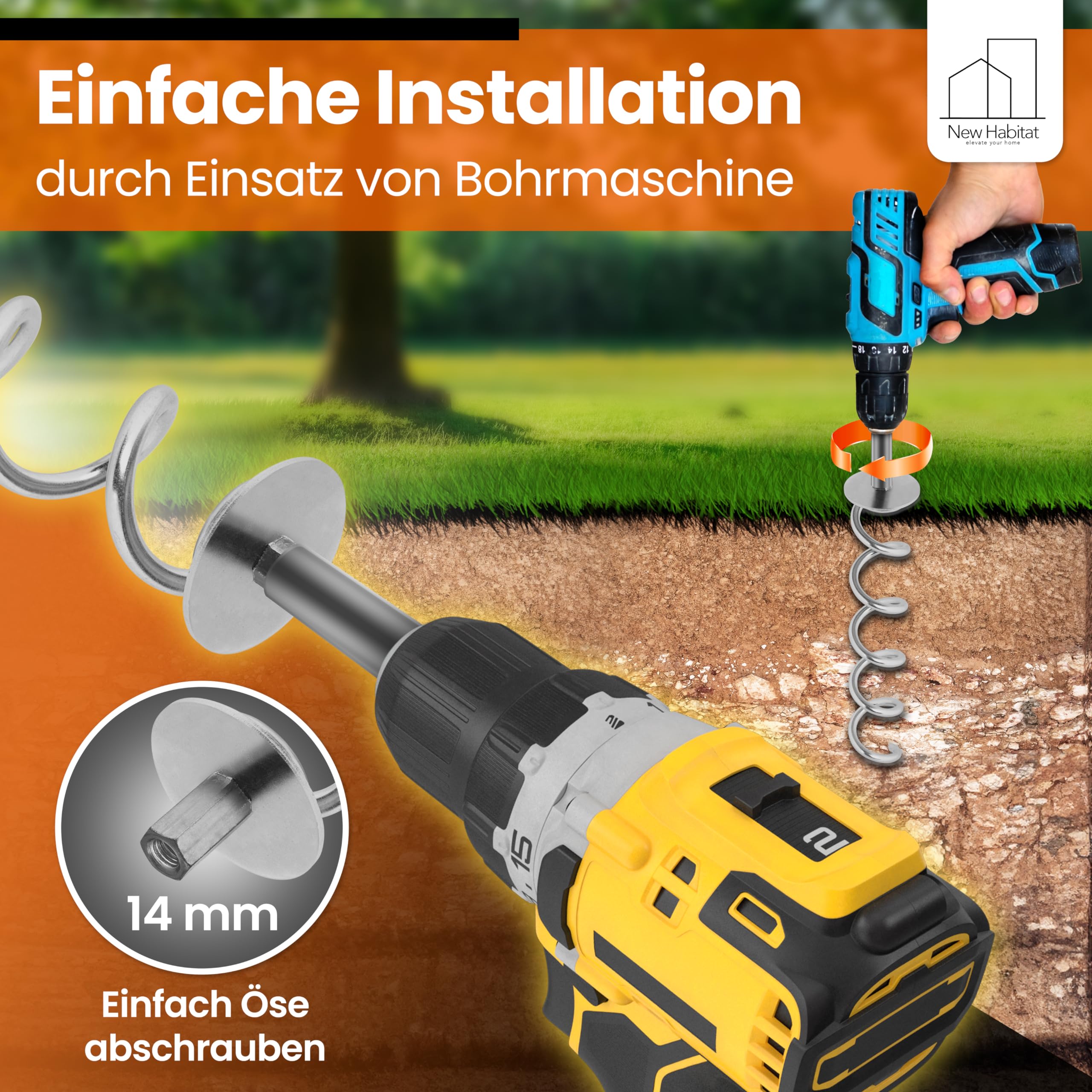 NewHabitat | 8X Erdanker Bodenanker aus Stahl inkl. Gurte | Erdanker Set für Trampolin, Zelt, Pavillion & Schaukel, 18-teiliges Set, 38cm
