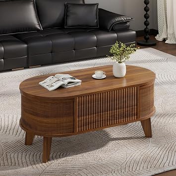 LYNCOHOME Fluted Lift Top Coffee Table with Storage,Modern Oval Coffee Table for Living Room or Home Office(Walnut)